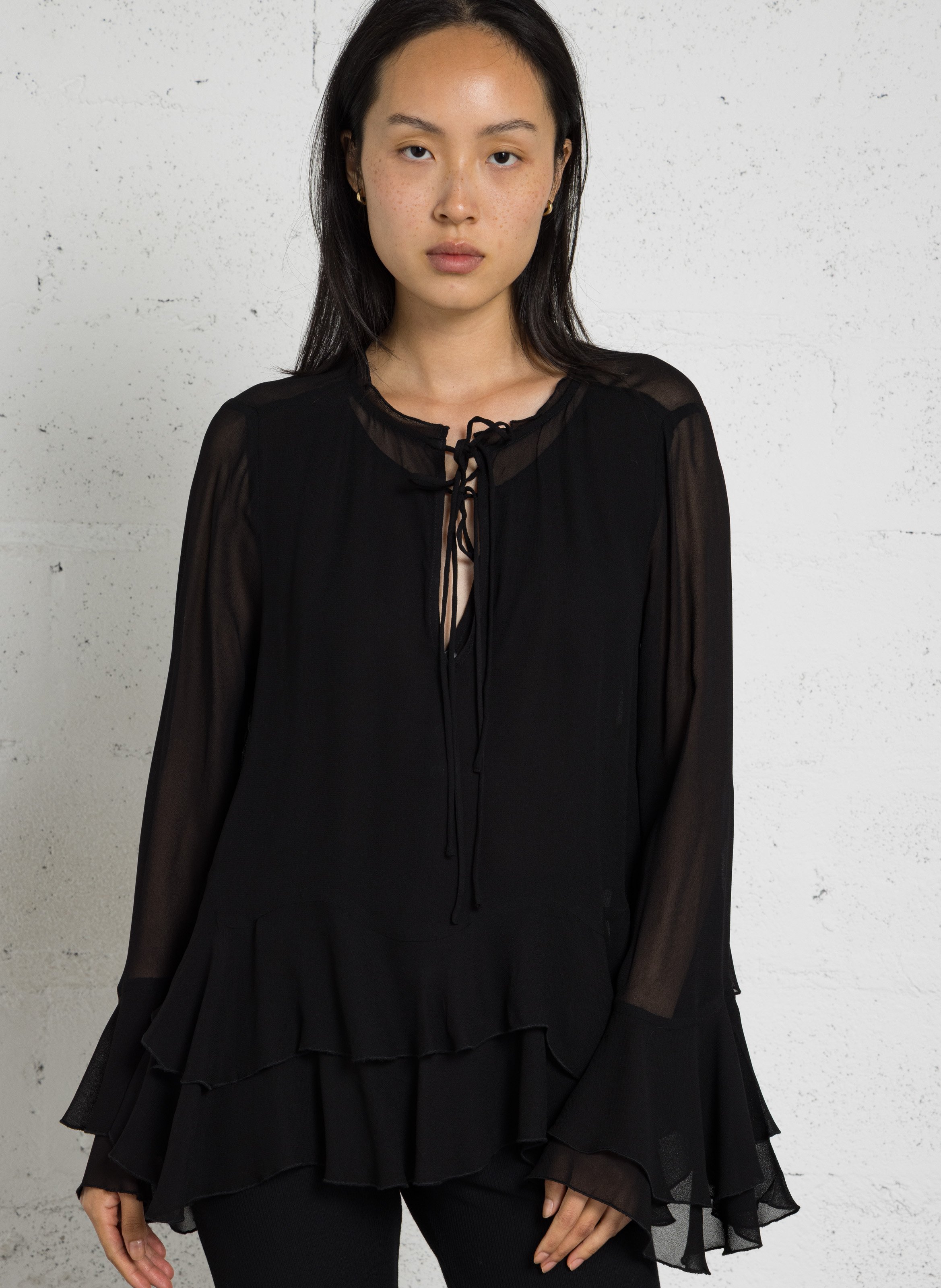 Doorschijnende blouse met effen ruches LE TEMPS DES CERISES Zwart