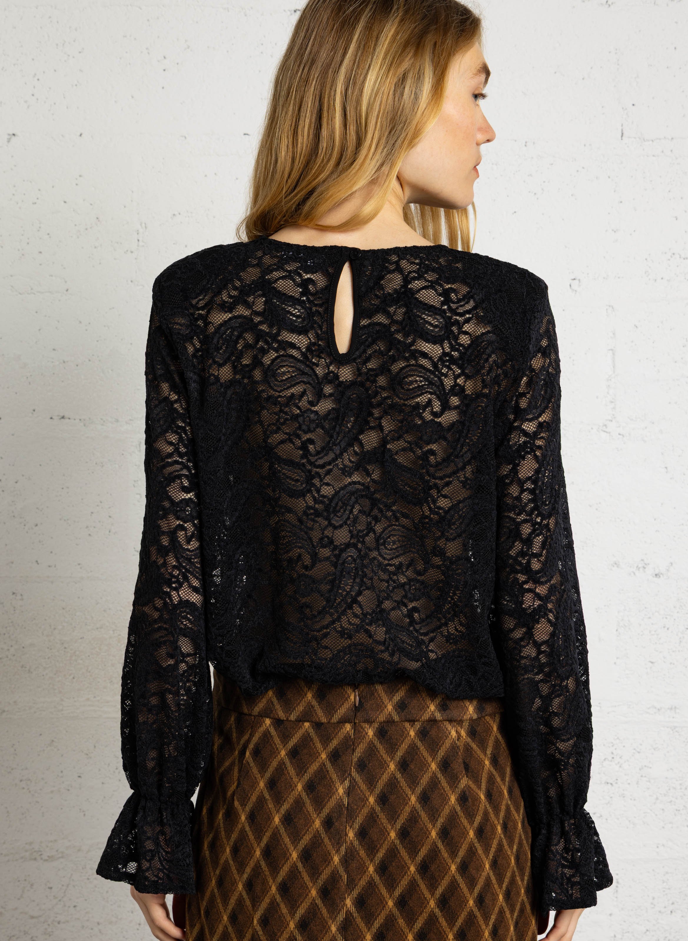 Top droit manches longues en dentelle PLEASE Noir