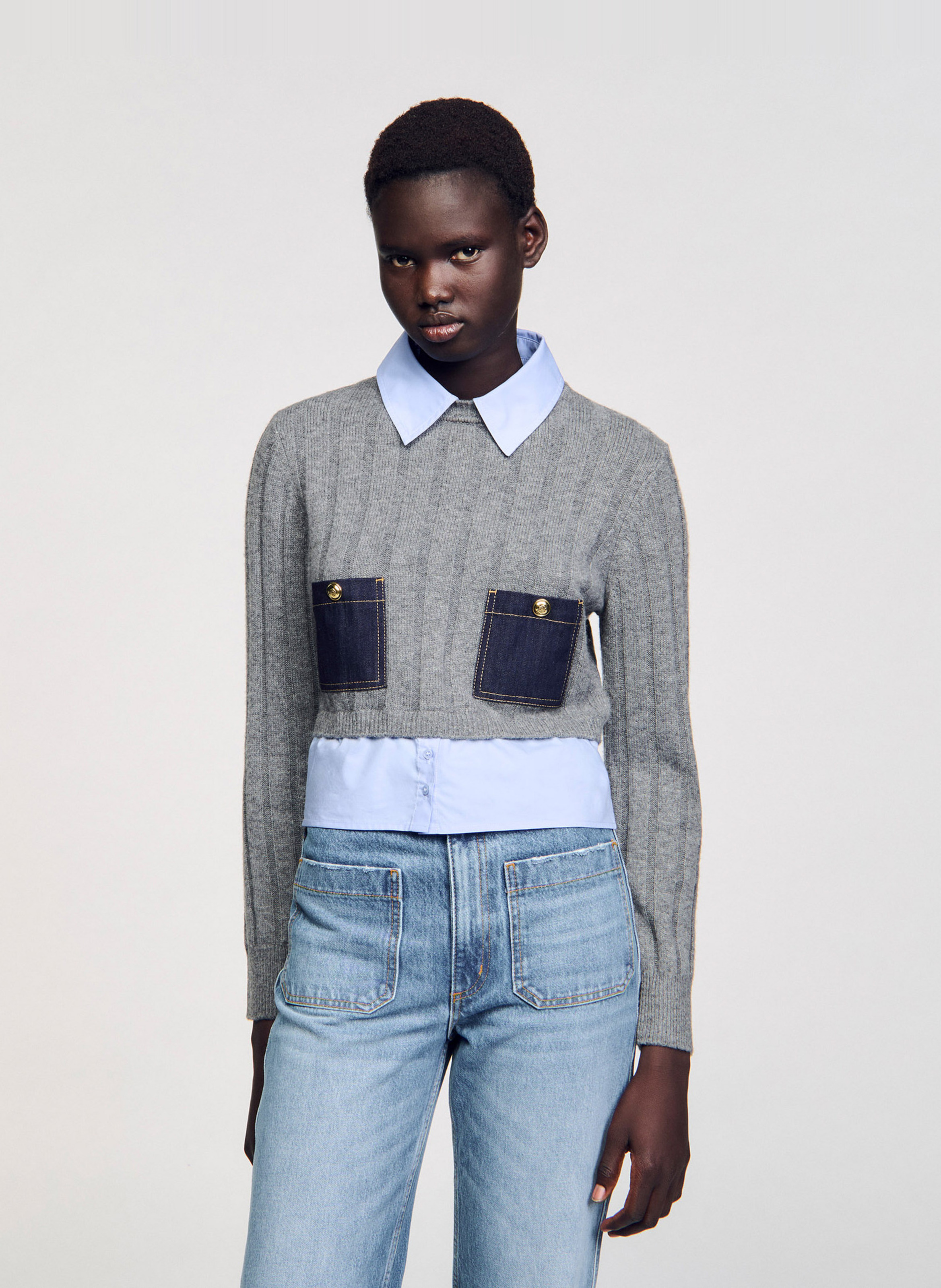 Pull col classique droit en laine et cachemire  SANDRO Gris