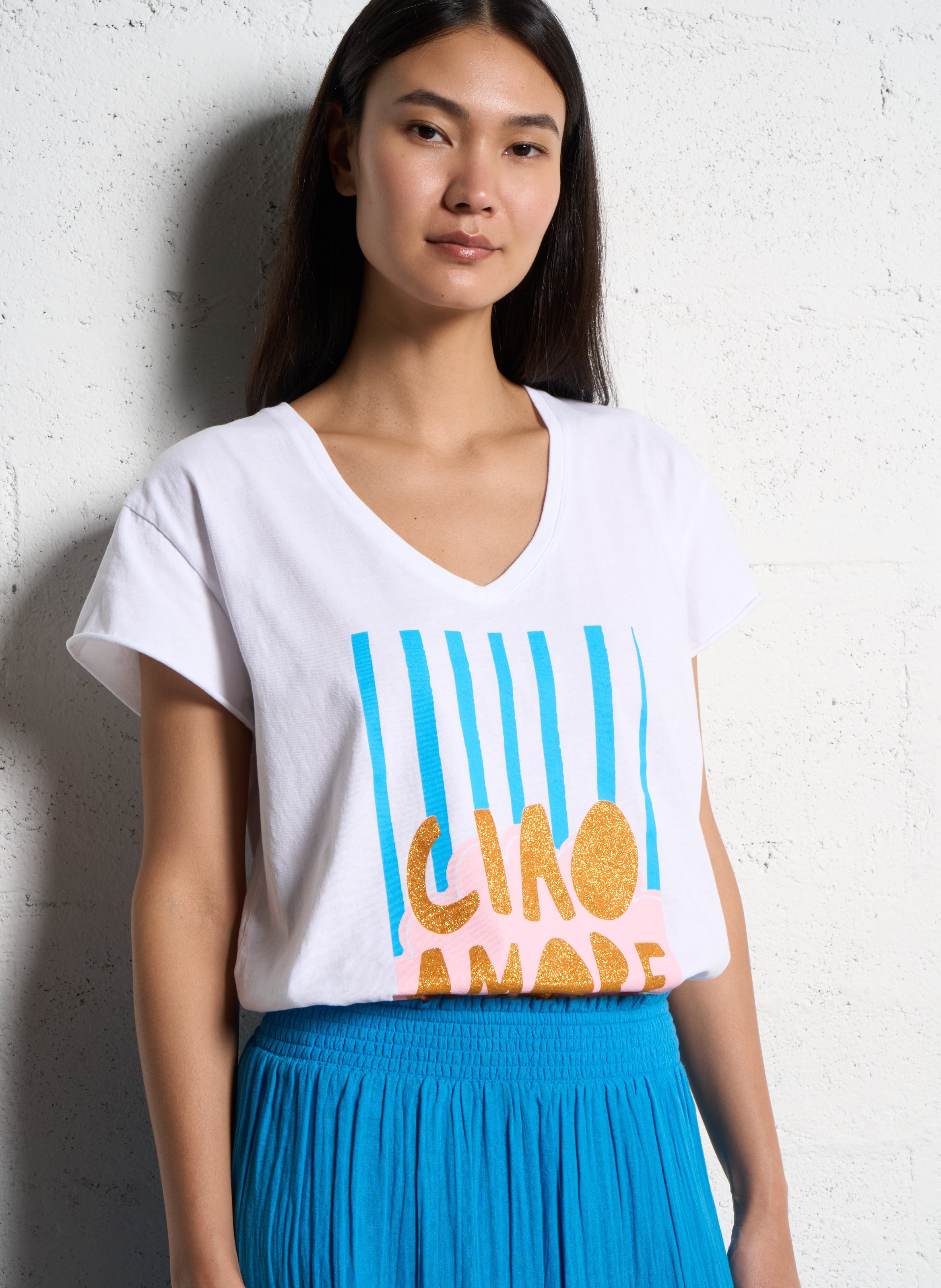 Tee-shirt col v en coton PLEASE Blanc