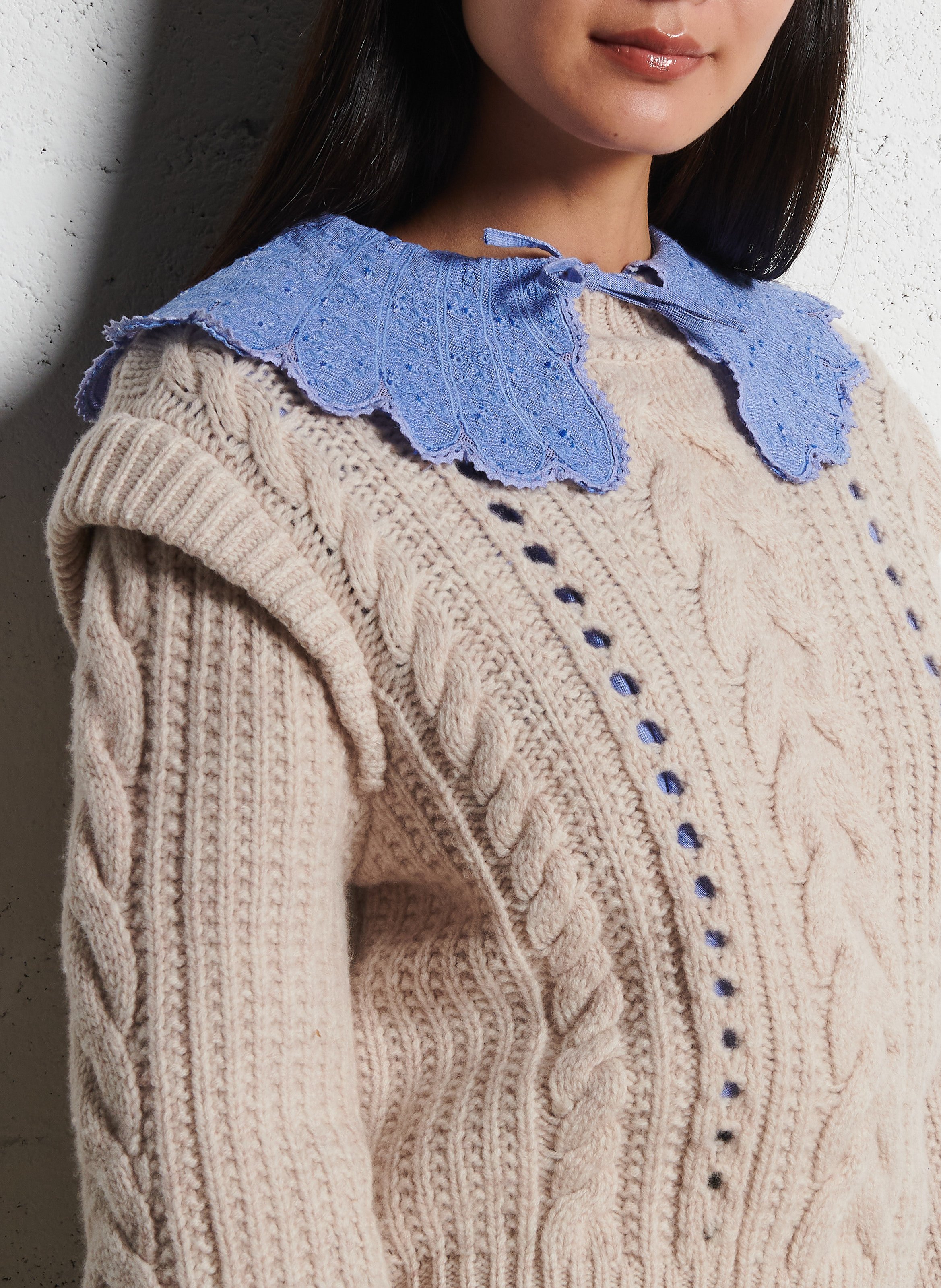 Boat-neck contrast-knit wool sweater  Beige