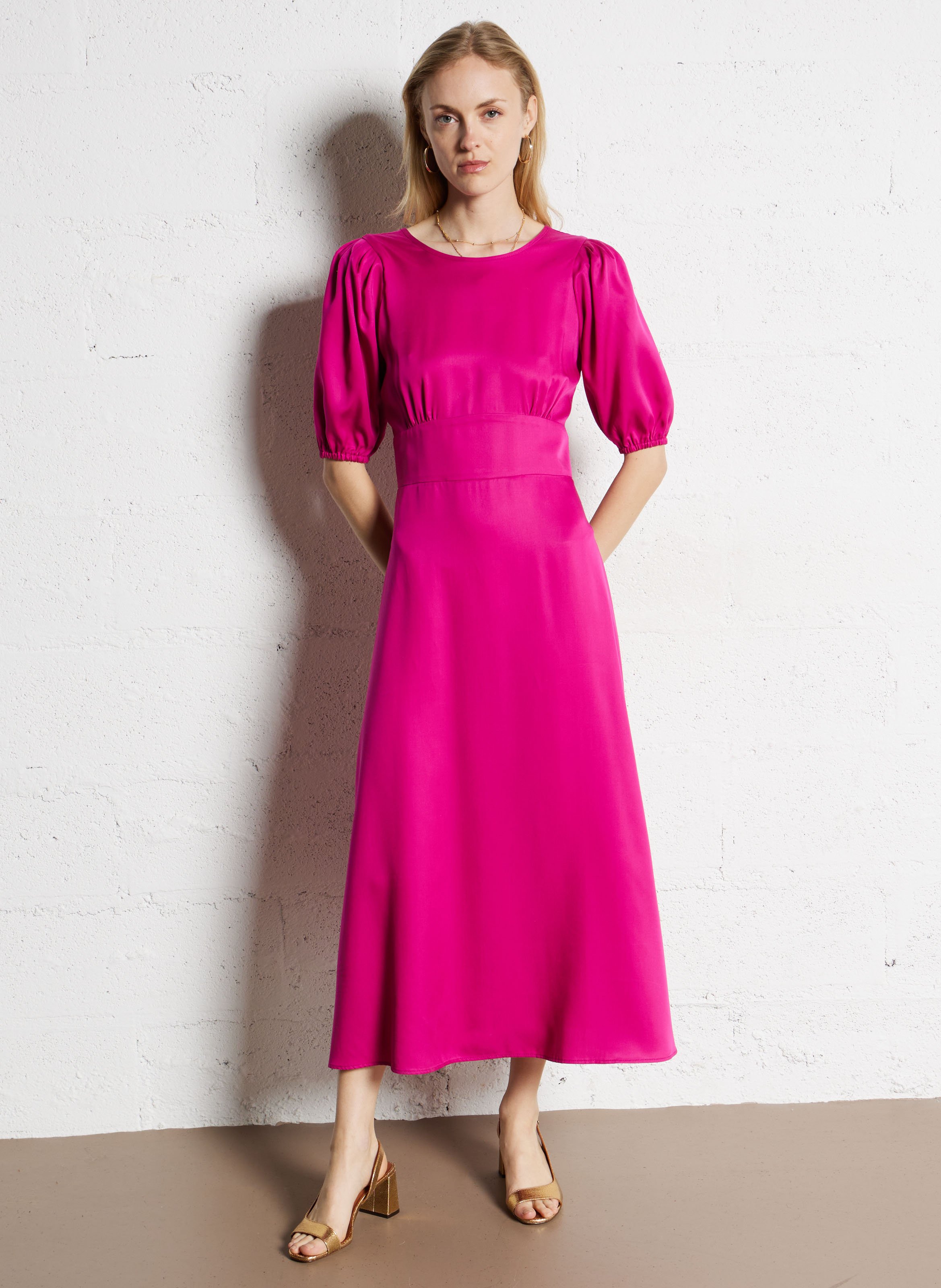 Rechte jurk met ronde hals Roze