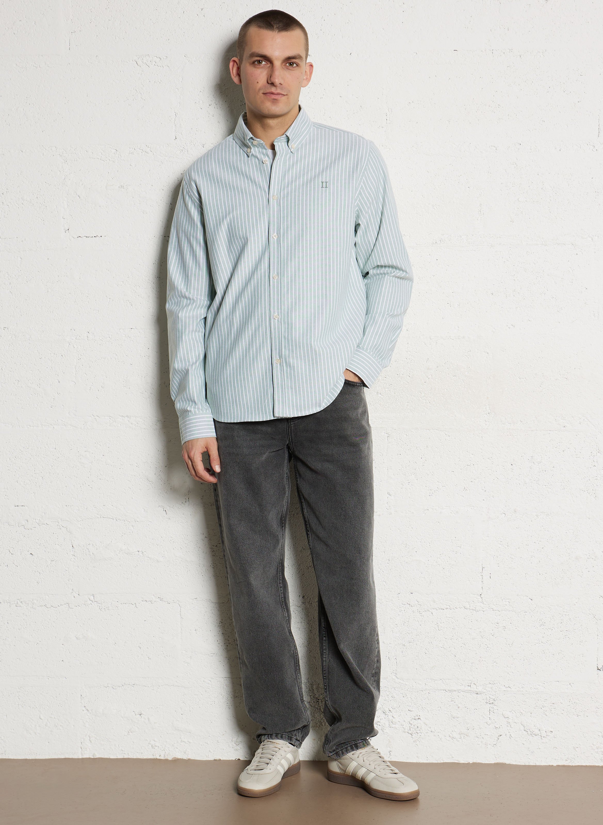 Oversized shirt with classic collar in striped cotton blend. LES DEUX Groen