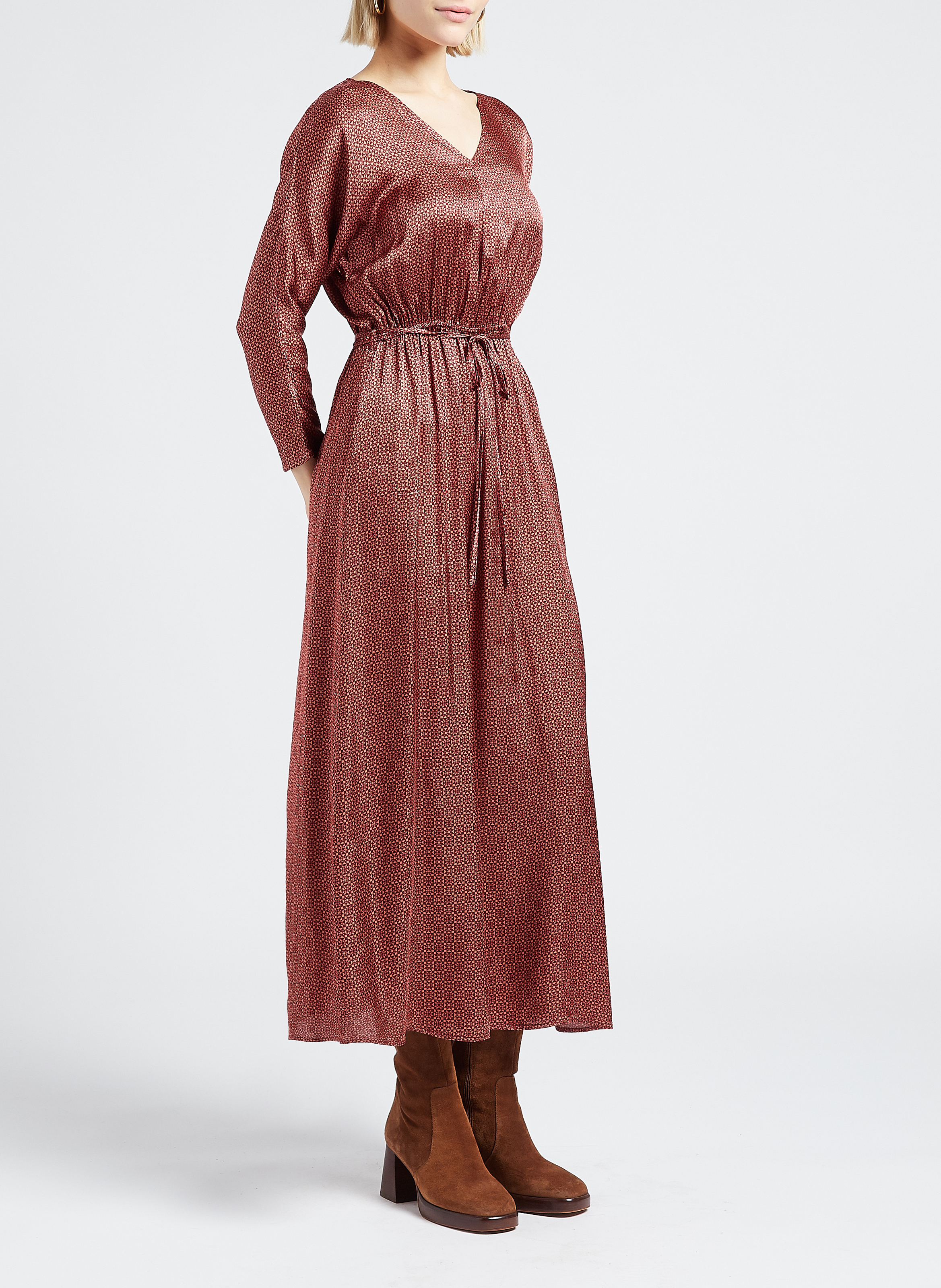 Robe midi col V imprimée  GRACE ET MILA Marron