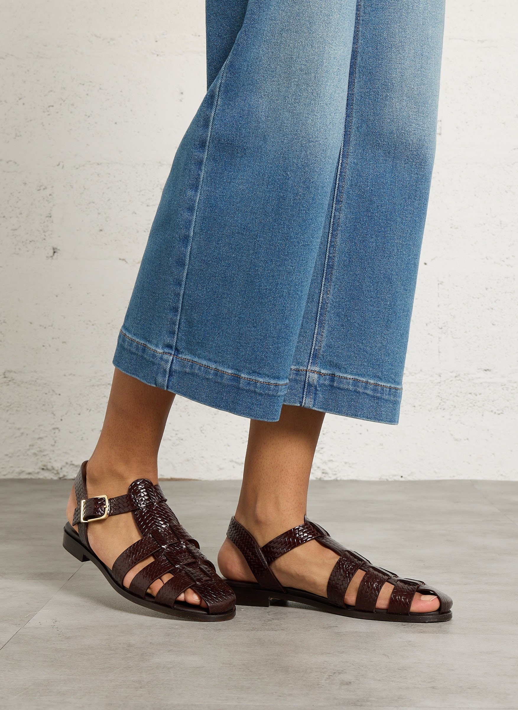 Avarca Berlin - Flache Ledersandalen mit Samt BOBBIES Braun