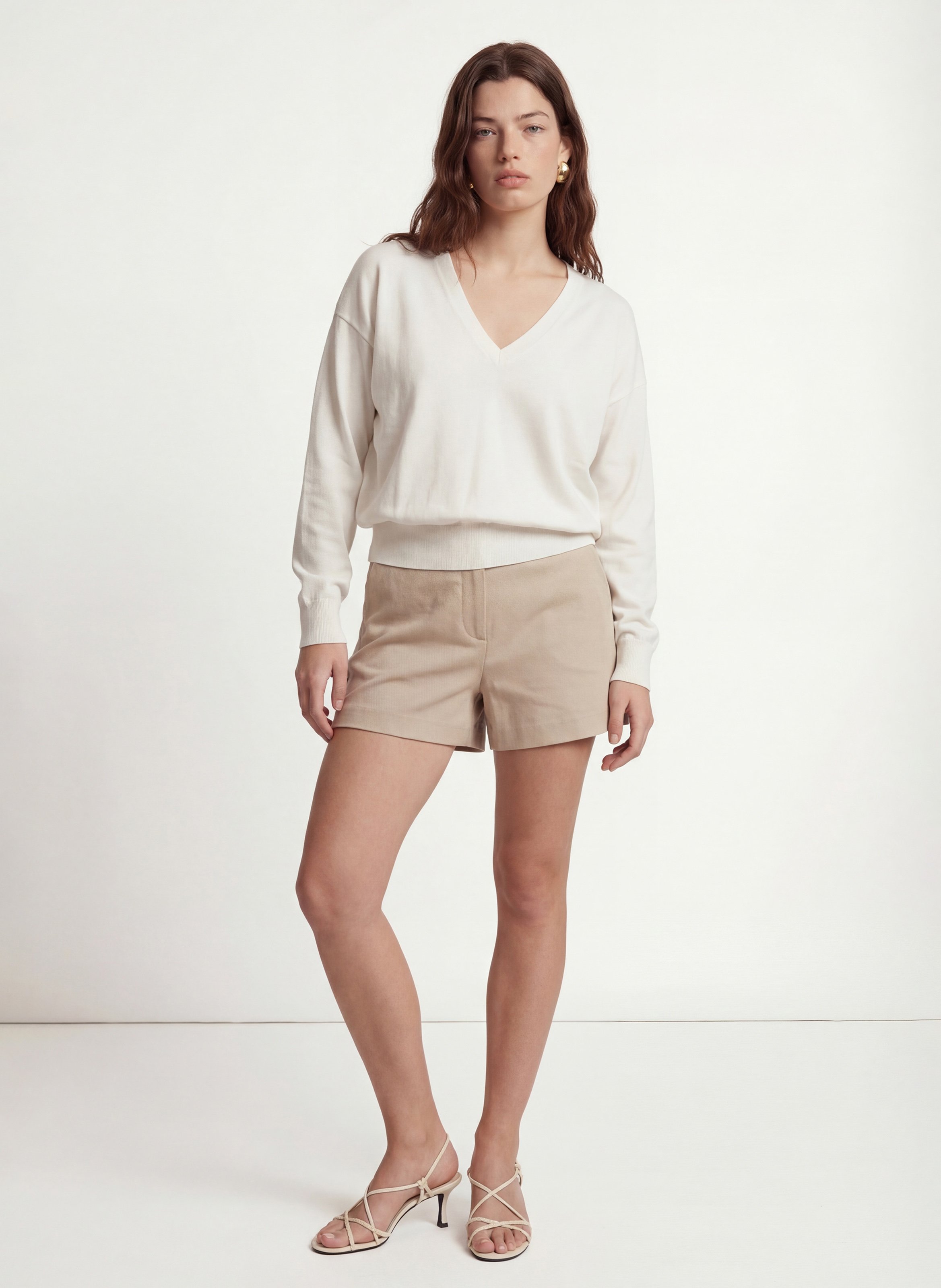 Pull droit col V en maille mélangée KOOKAI White