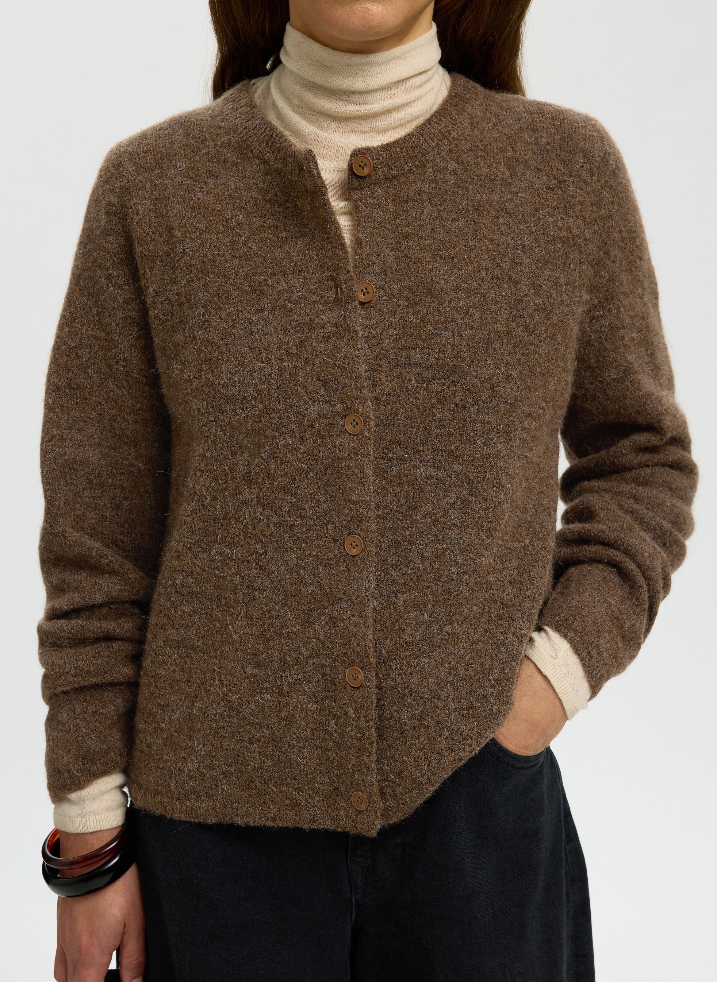 Round-neck mixed-knit cardigan | Brown SELECTED Women