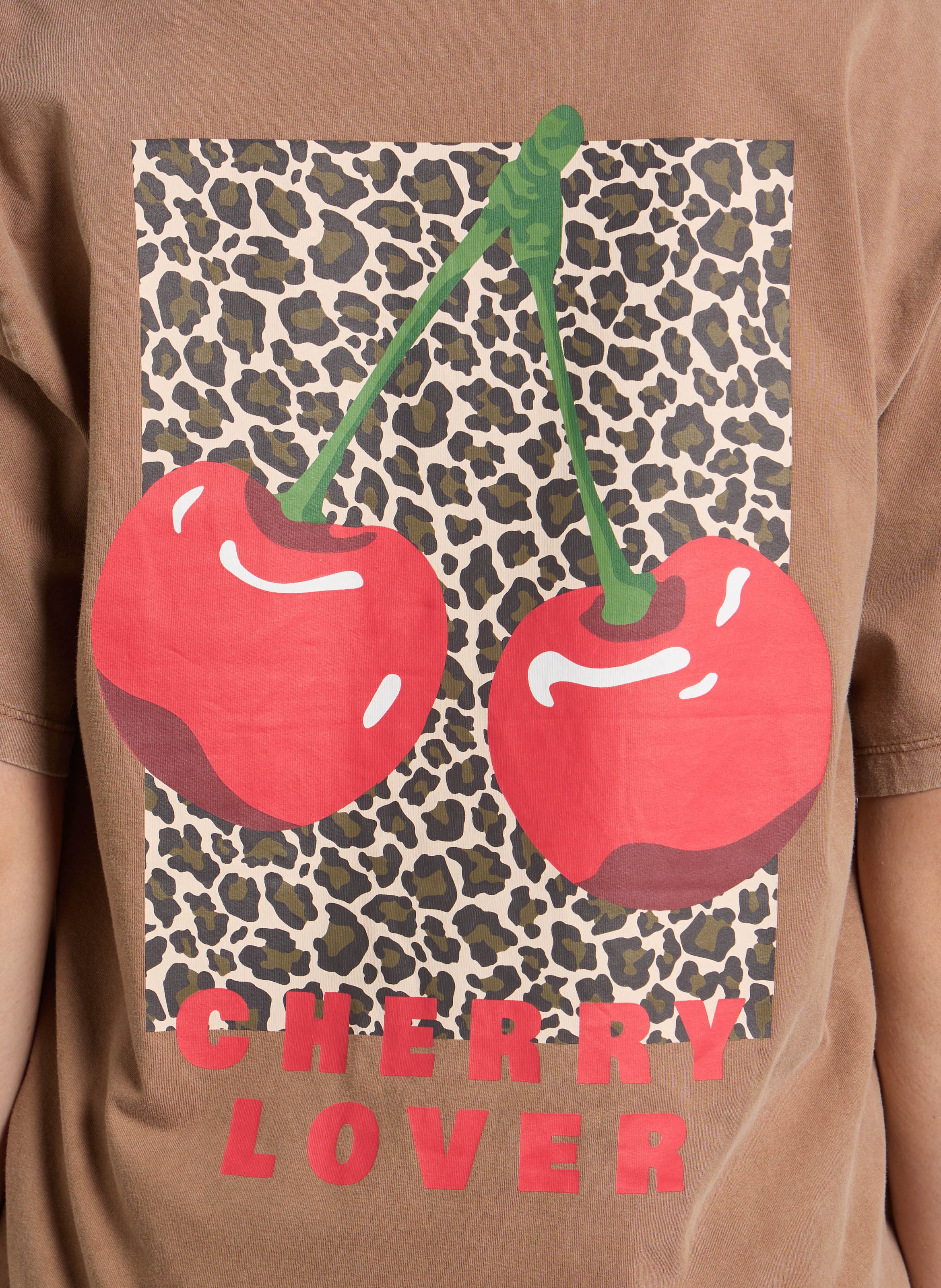 Ruimvallend, katoenen T-shirt met V-hals en zeefdruk LE TEMPS DES CERISES Bruin
