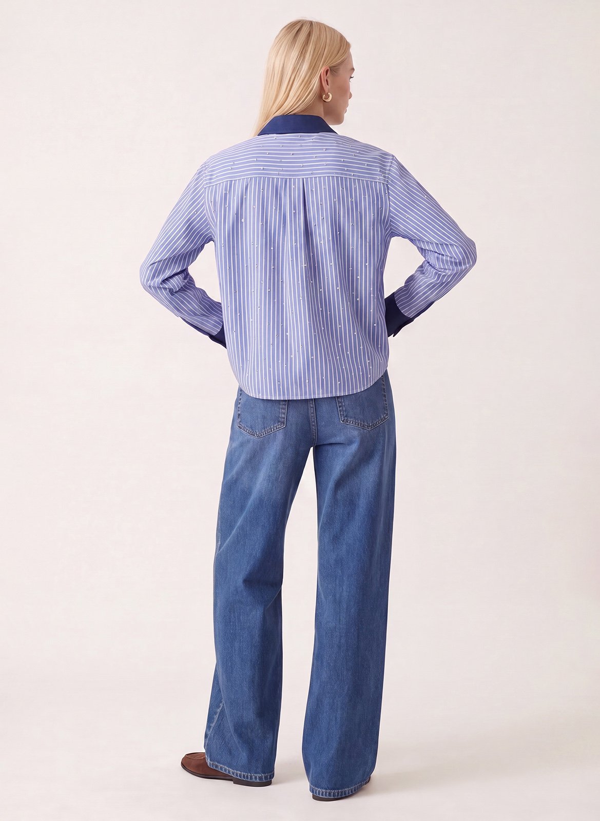 Chemise courte rayée à strass en coton mélangé KOOKAI Bleu