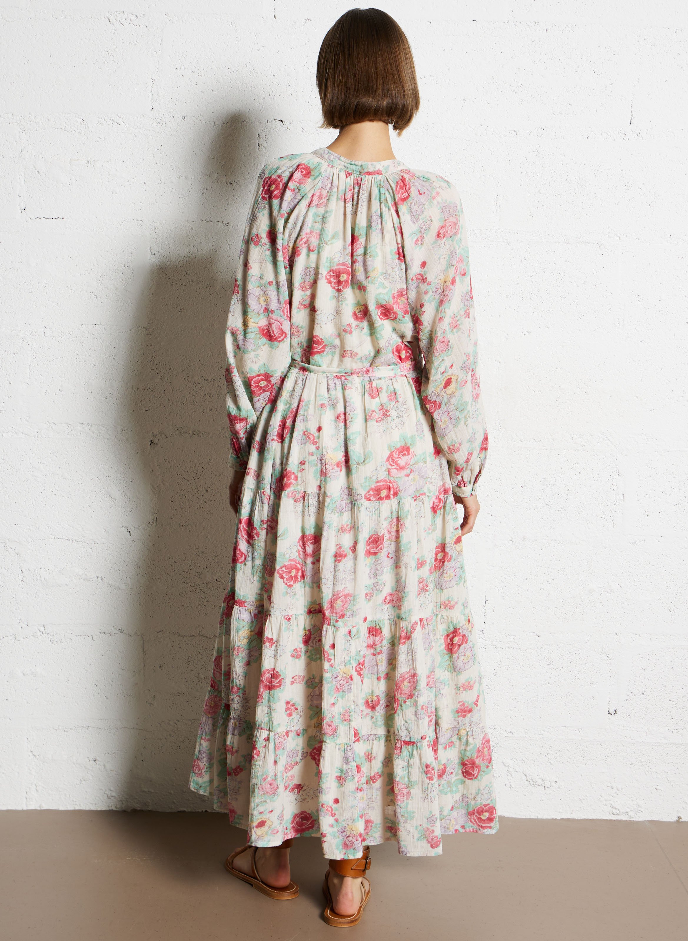 Robe longue col rond à imprimé floral Rose