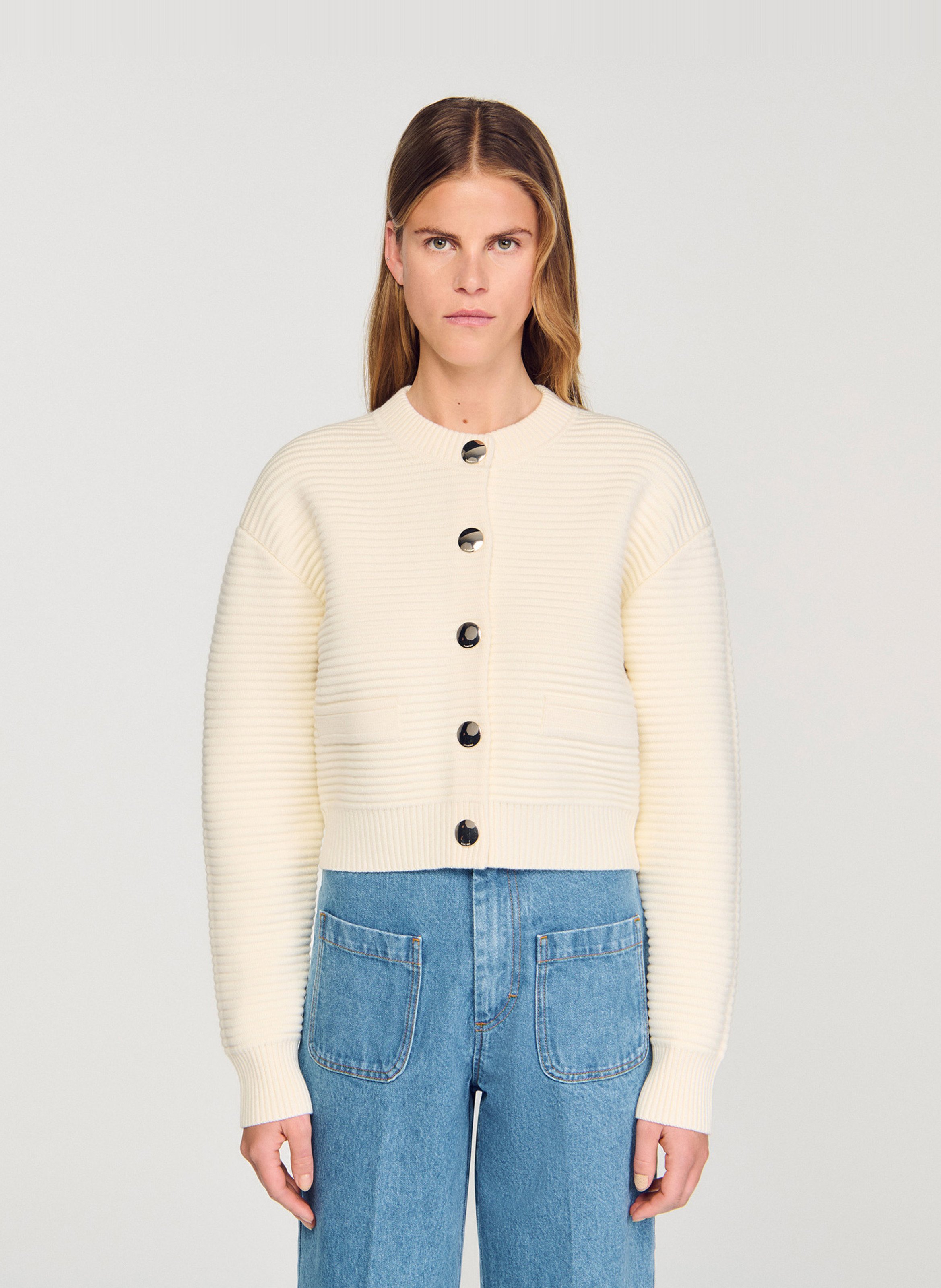 Cardigan boutonné court côtelé  SANDRO Blanc