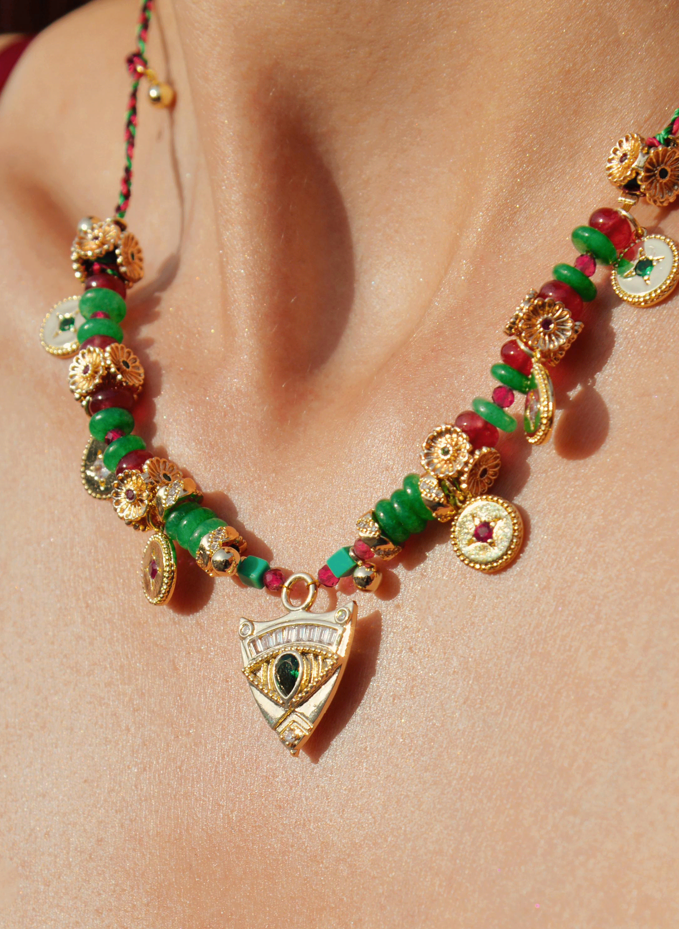 Cord necklace adorned with pearls and tassels HIPANEMA Green