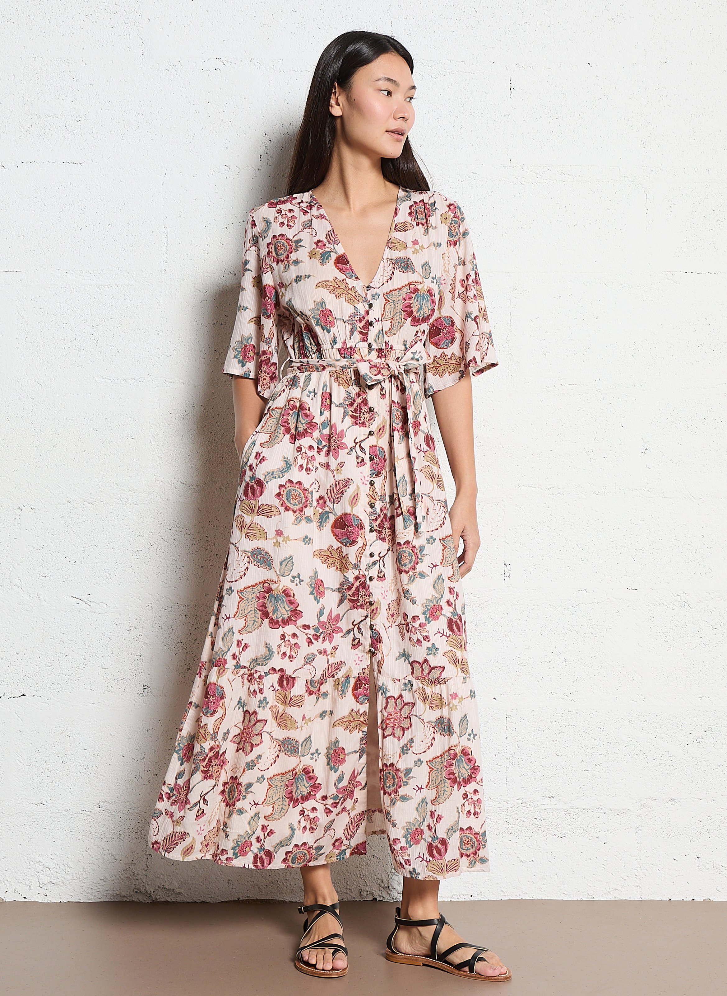 Robe longue col V imprimé MAISON HOTEL Rose