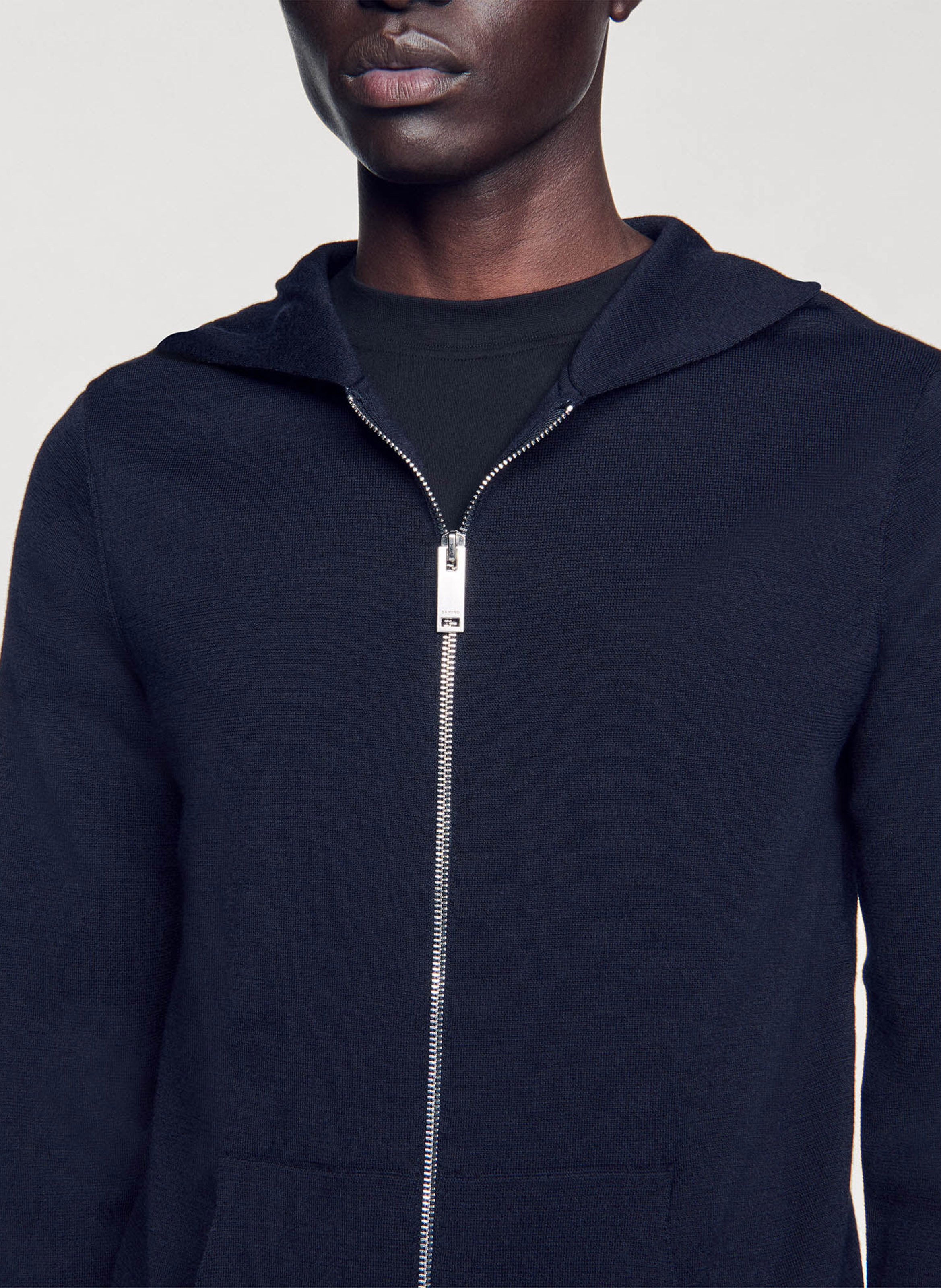 Gilet regular-fit  à capuche zippé en laine SANDRO Bleu