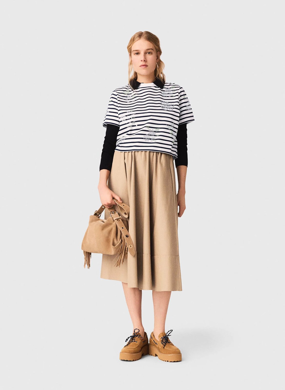 Tee-shirt rayé à strass court MAJE Blanc