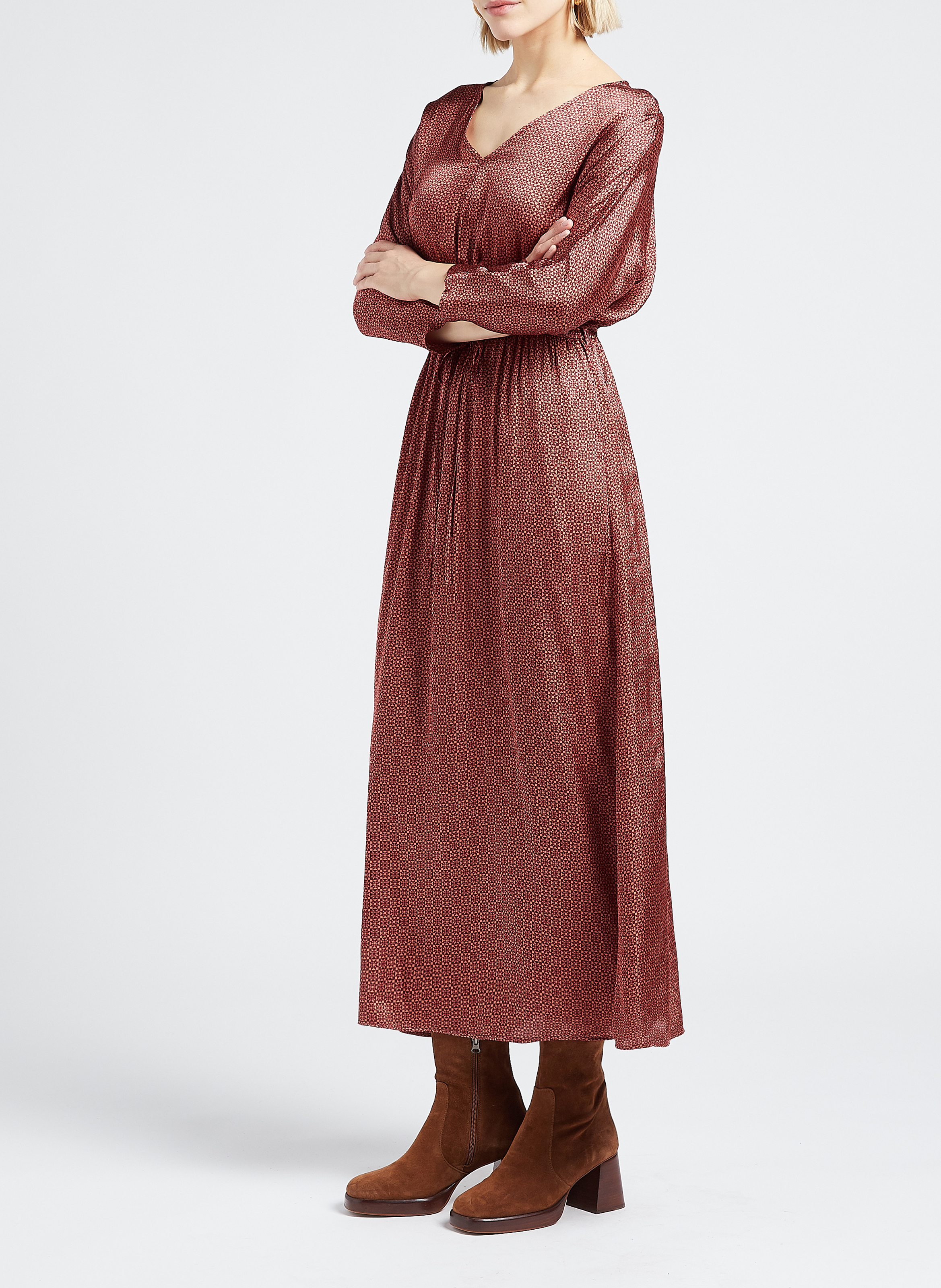 Robe midi col V imprimée  GRACE ET MILA Marron