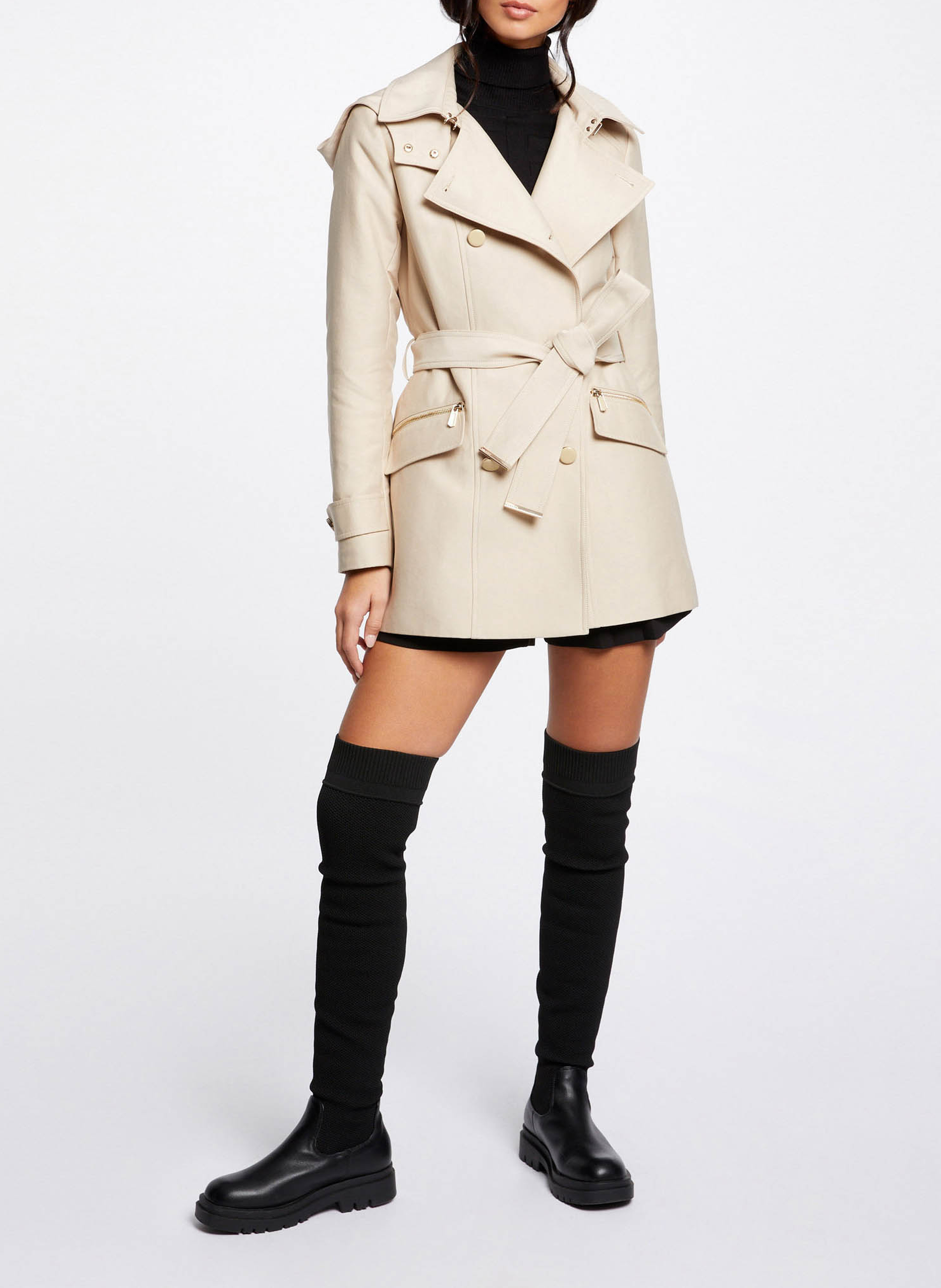 Trench cintré col à revers à capuche MORGAN Beige