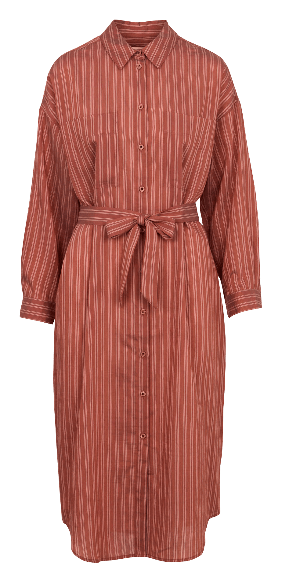 Langes, gestreiftes Kleid mit klassischem Kragen und Gürtel DES PETITS HAUTS Rosa