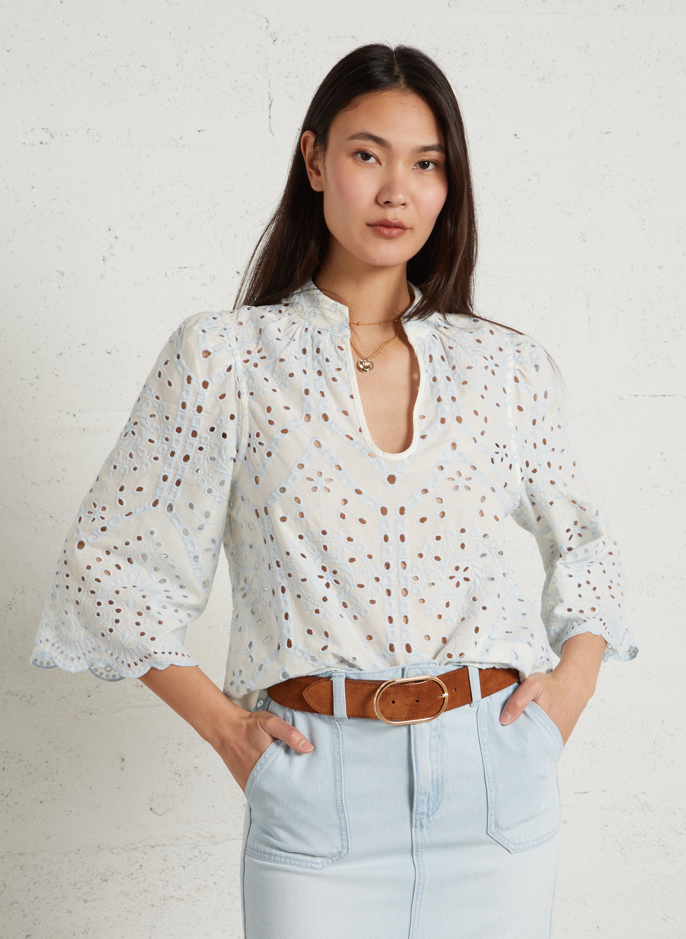 Blouse met V-hals van katoen MAISON 123 Blauw