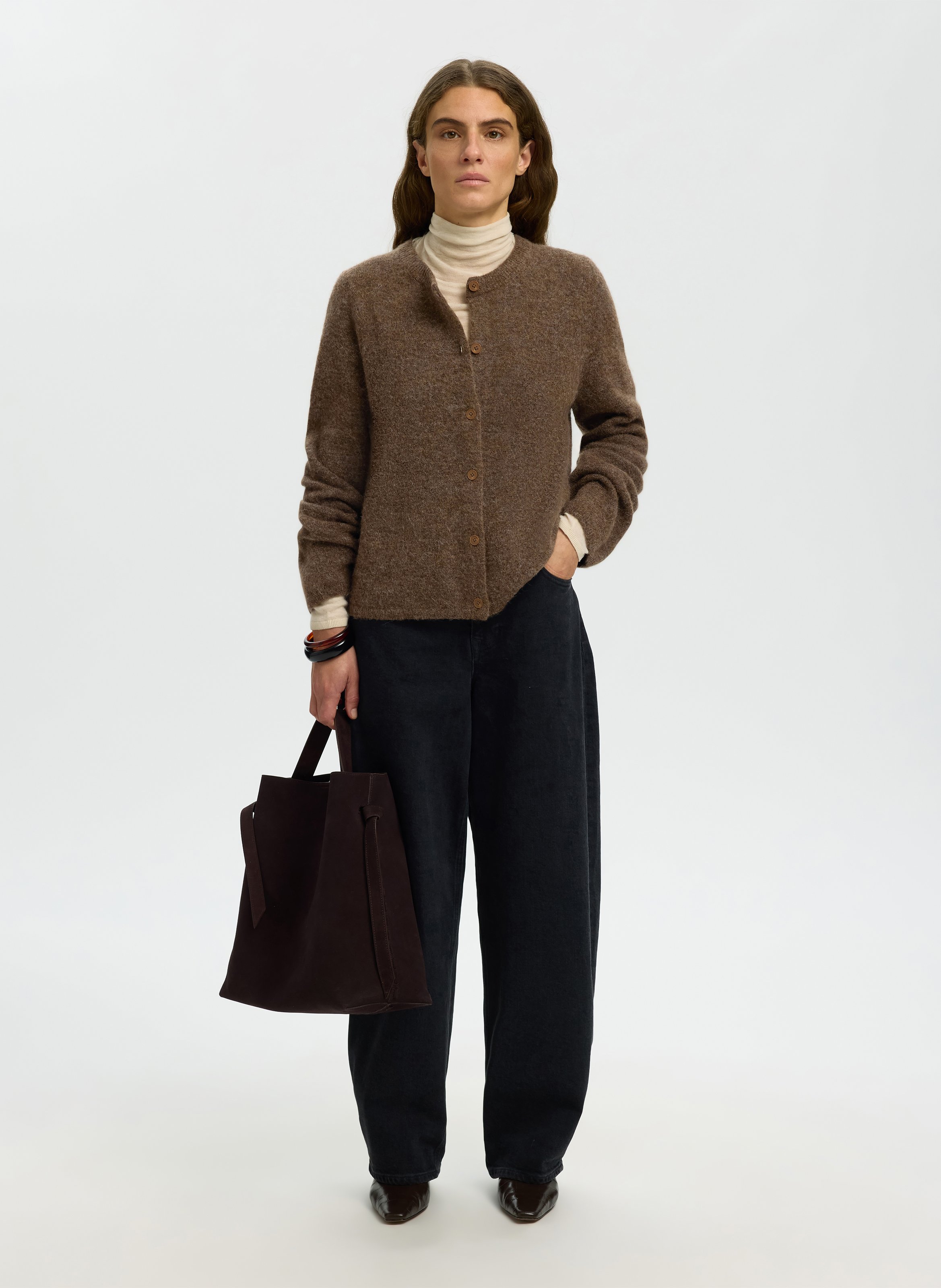 Round-neck mixed-knit cardigan | Brown SELECTED Women