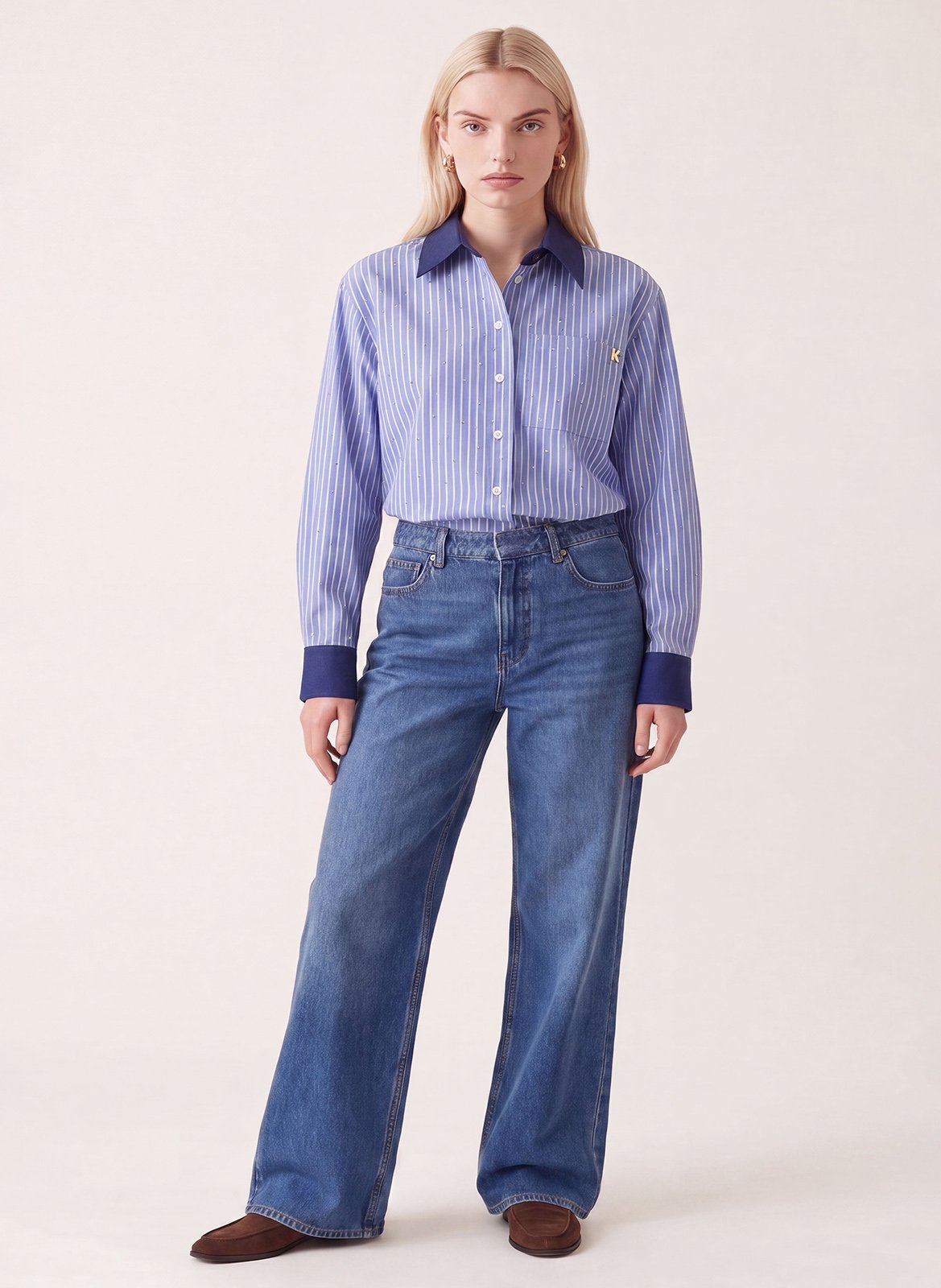 Chemise courte rayée à strass en coton mélangé KOOKAI Bleu