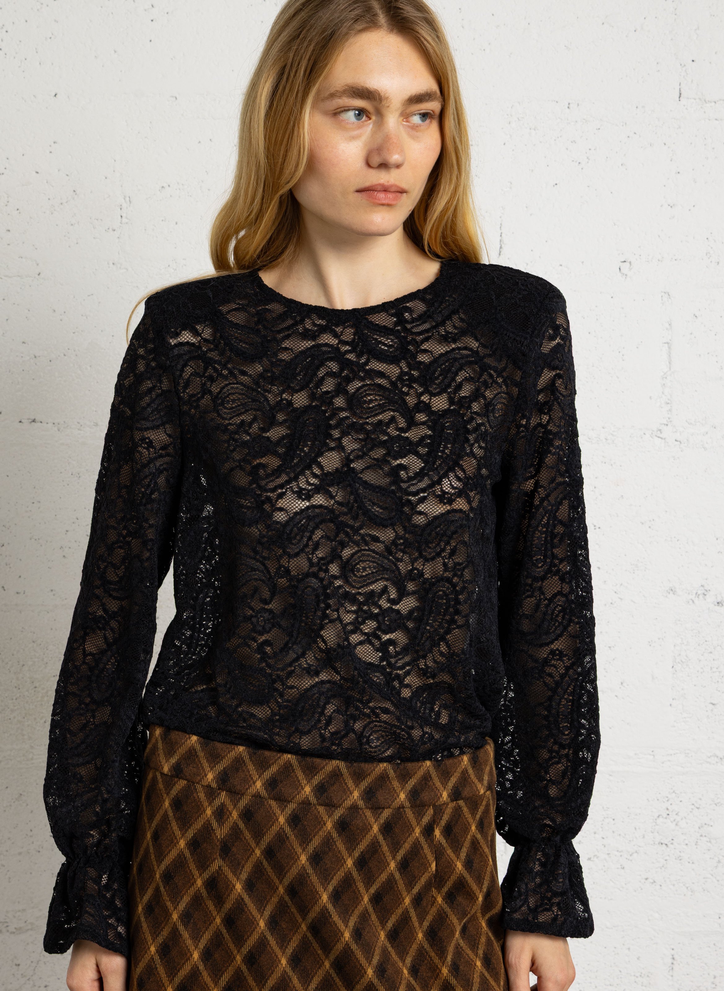 Top droit manches longues en dentelle PLEASE Noir