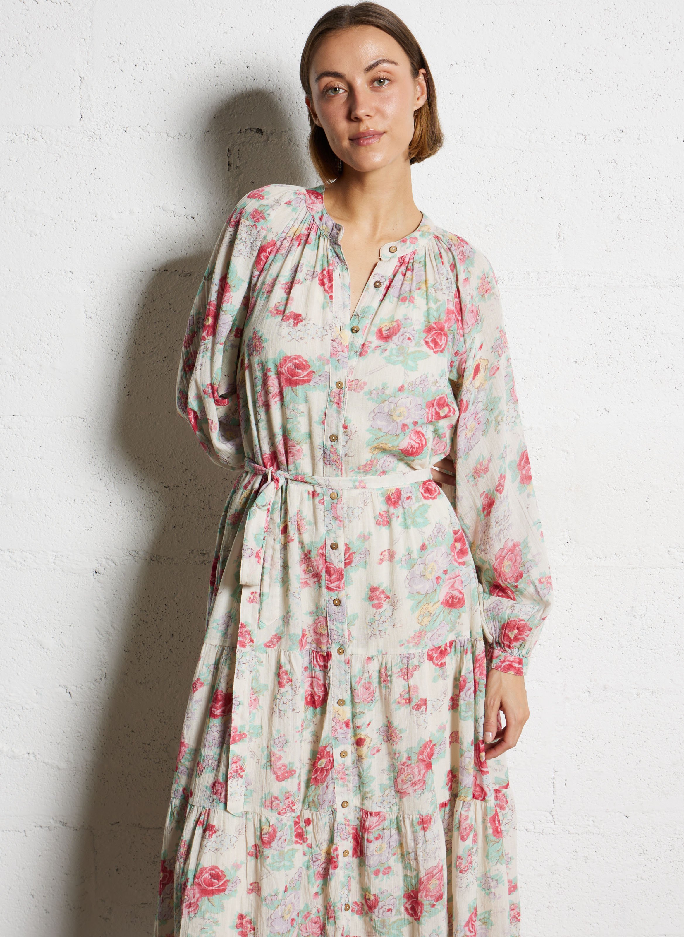 Robe longue col rond à imprimé floral Rose