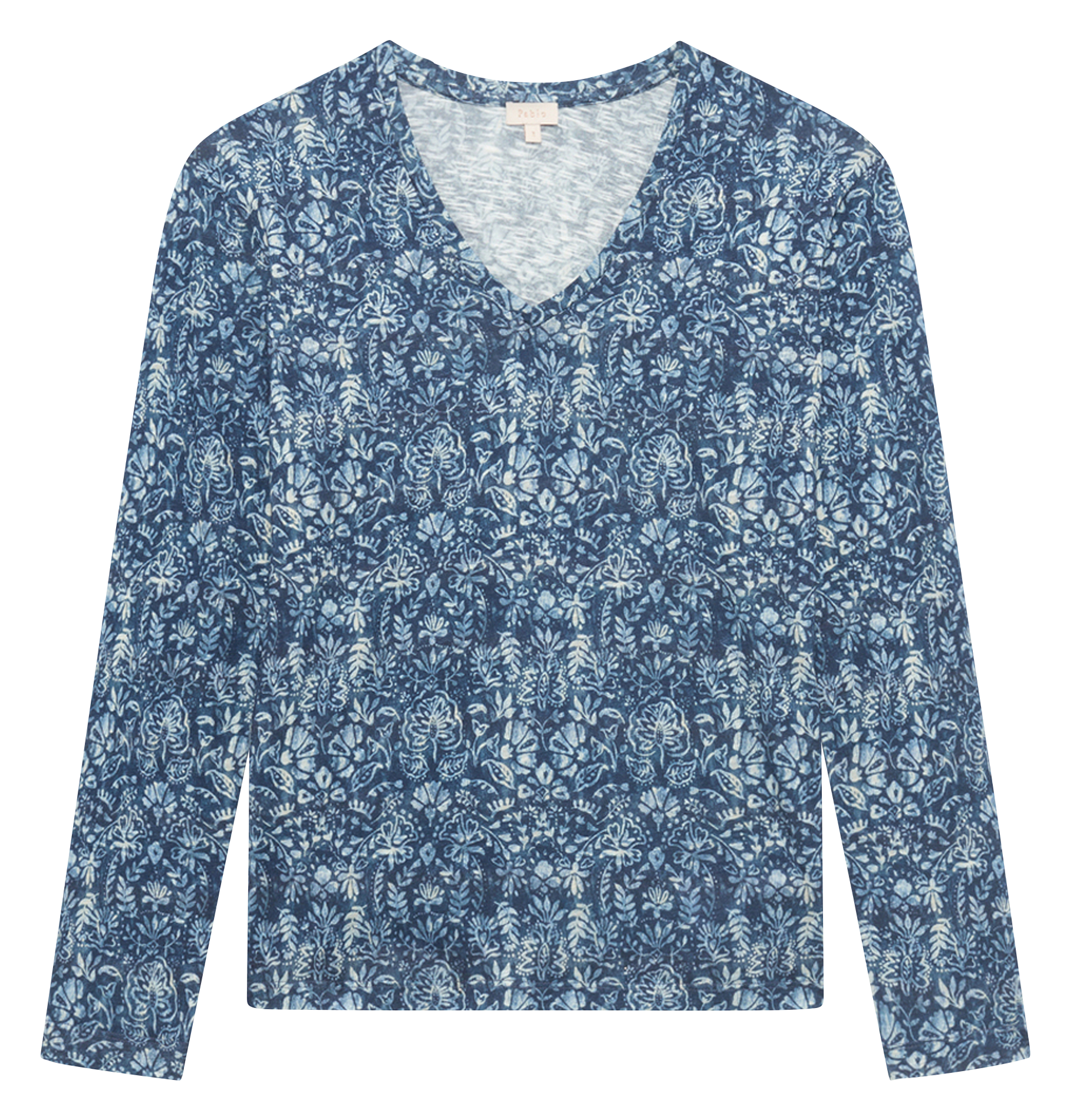 Top col v imprimé en coton mélangé PABLO Bleu