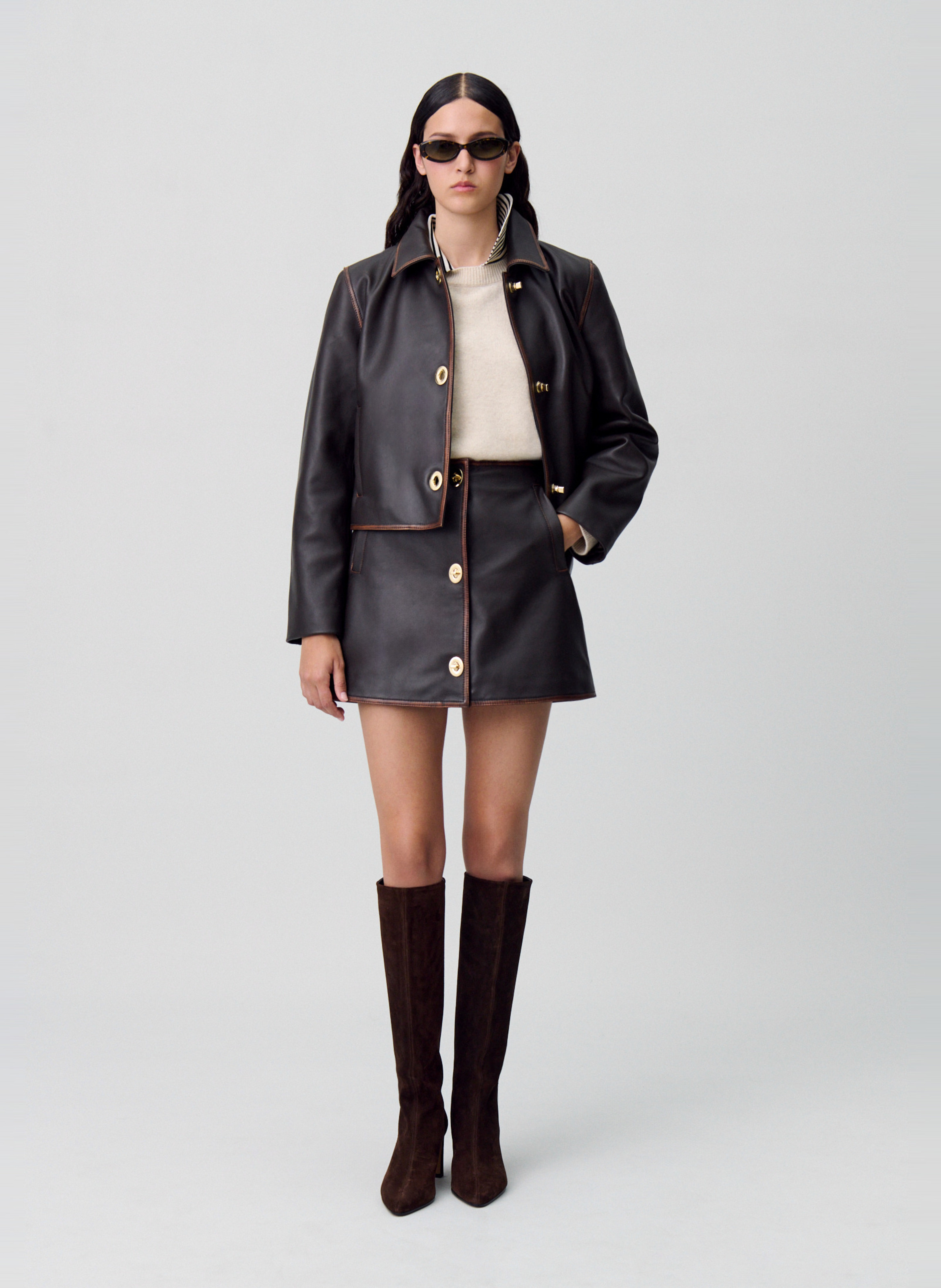 Jupe courte unie en cuir CLAUDIE PIERLOT Marron