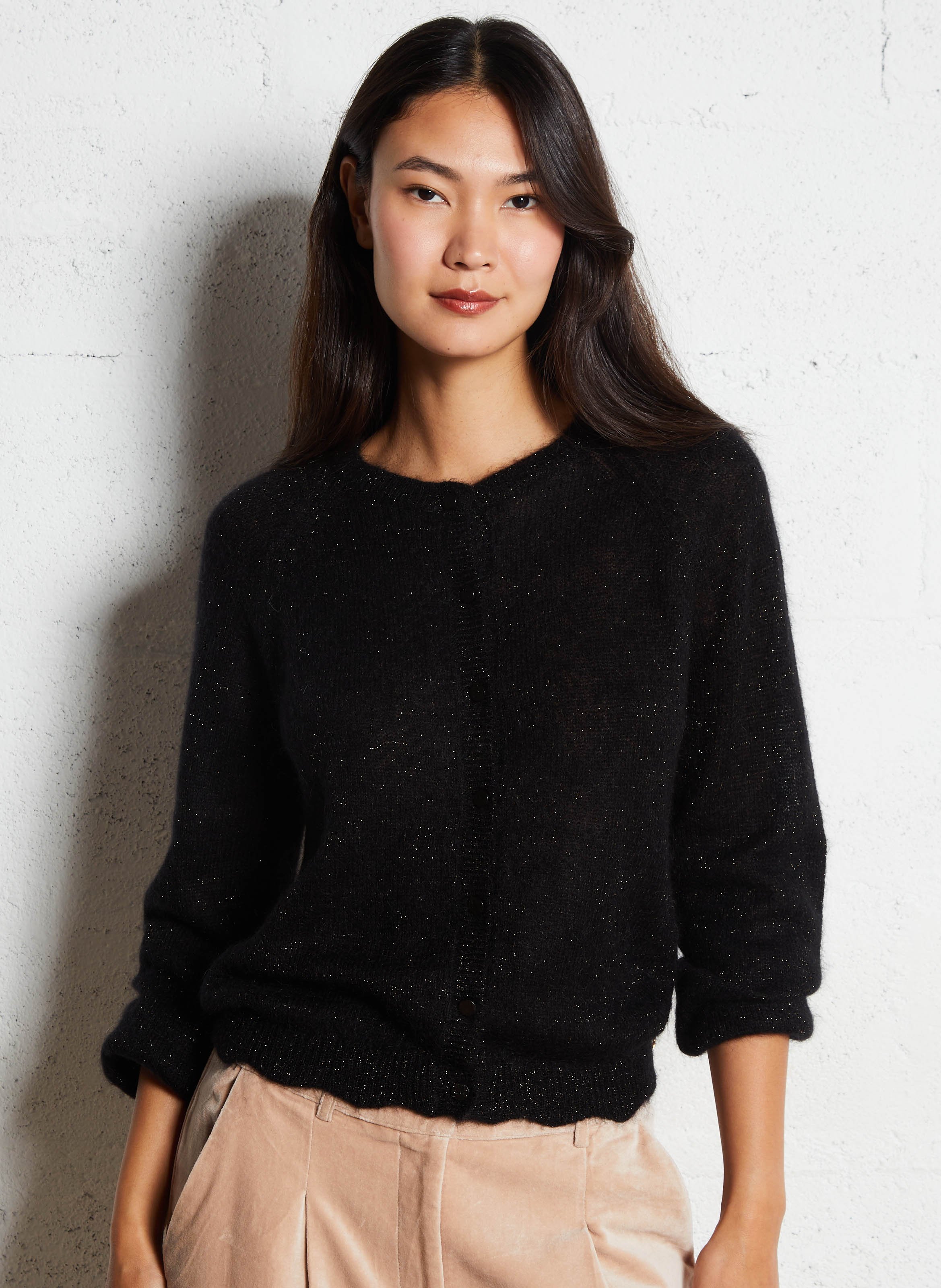 Oversized round neck wool and silk vest DES PETITS HAUTS Black