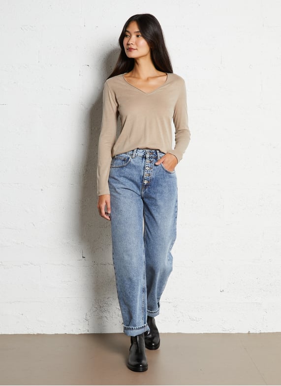 Hoge taille rechte jeans in gewassen denim - Look 5