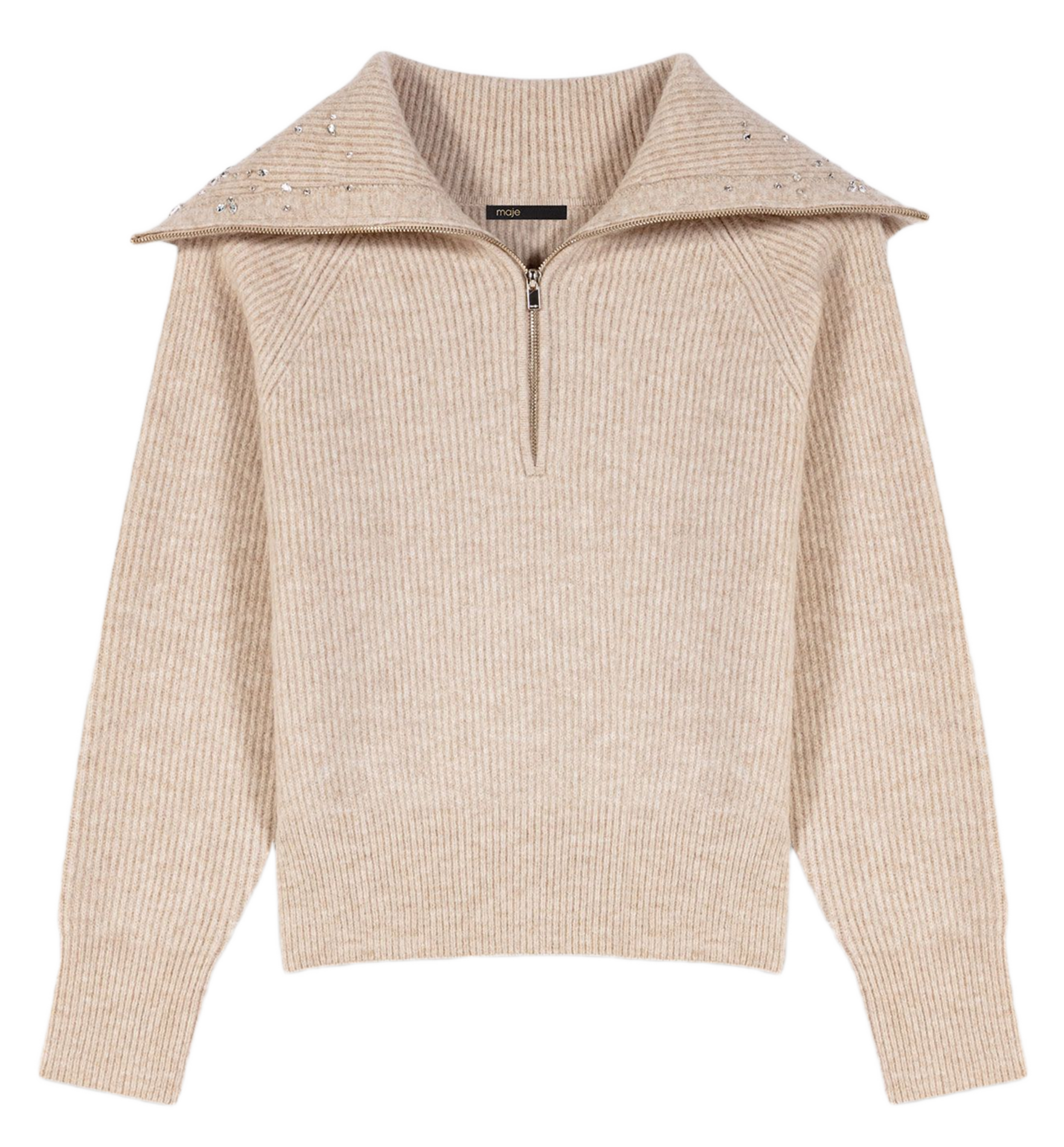 Pull droit col rabattu en maille MAJE Beige