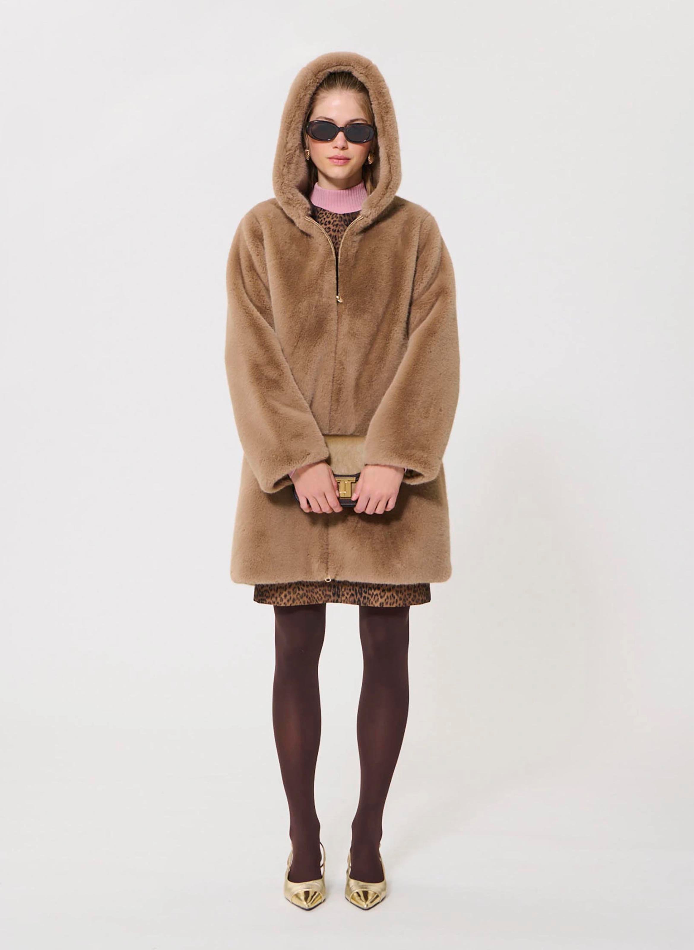 Manteau droit col rond en fourrure synthétique TARA JARMON Beige