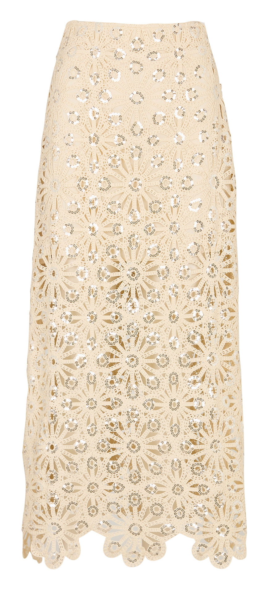 Langer Rock aus Häkel- und Paillettenstoff SUNCOO Beige