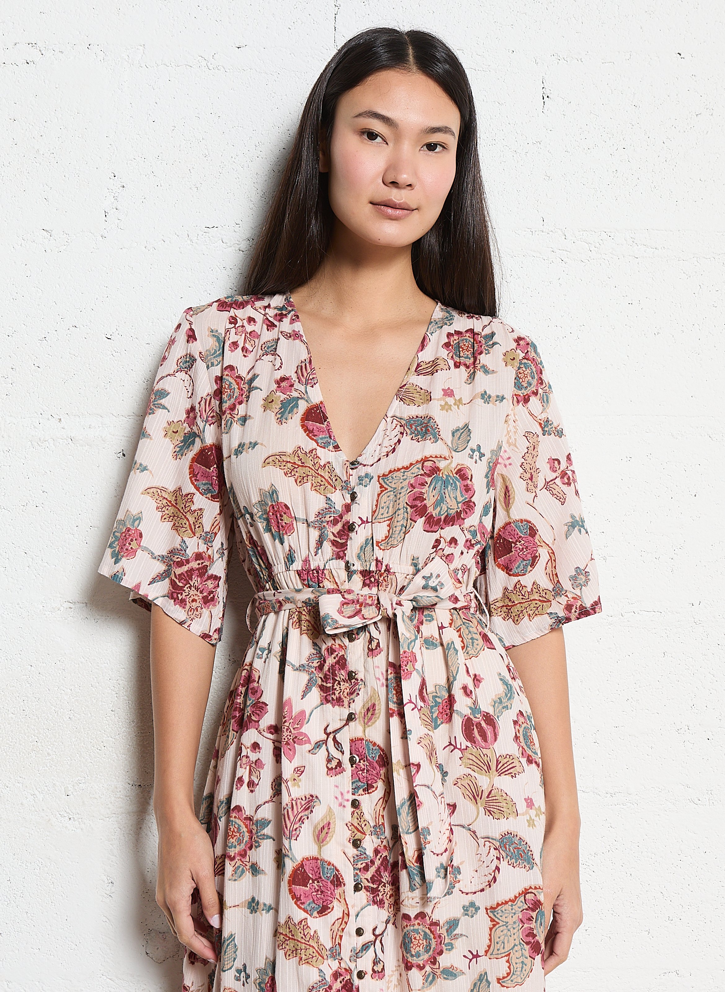 Robe longue col V imprimé MAISON HOTEL Rose