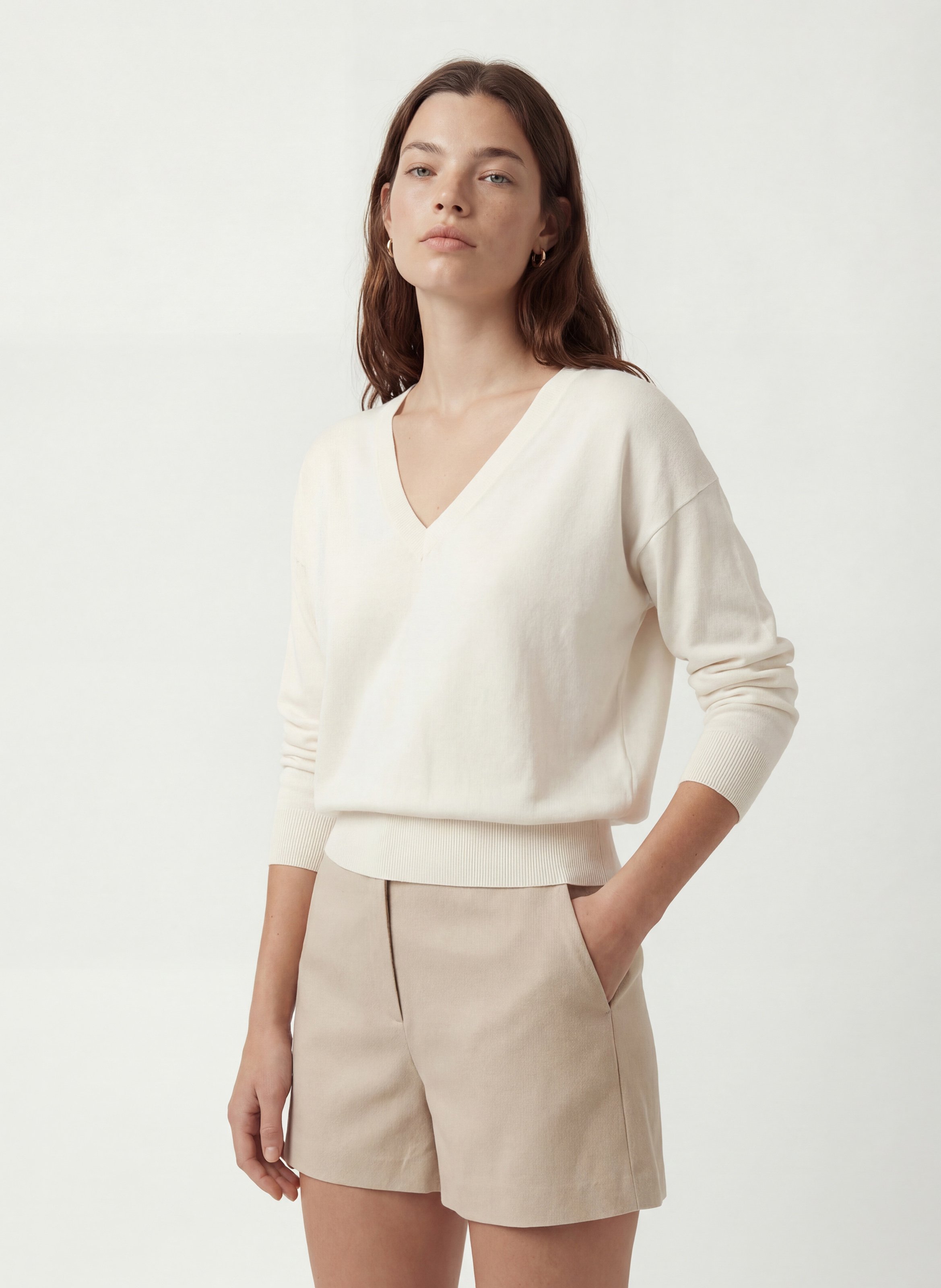 Pull droit col V en maille mélangée KOOKAI White