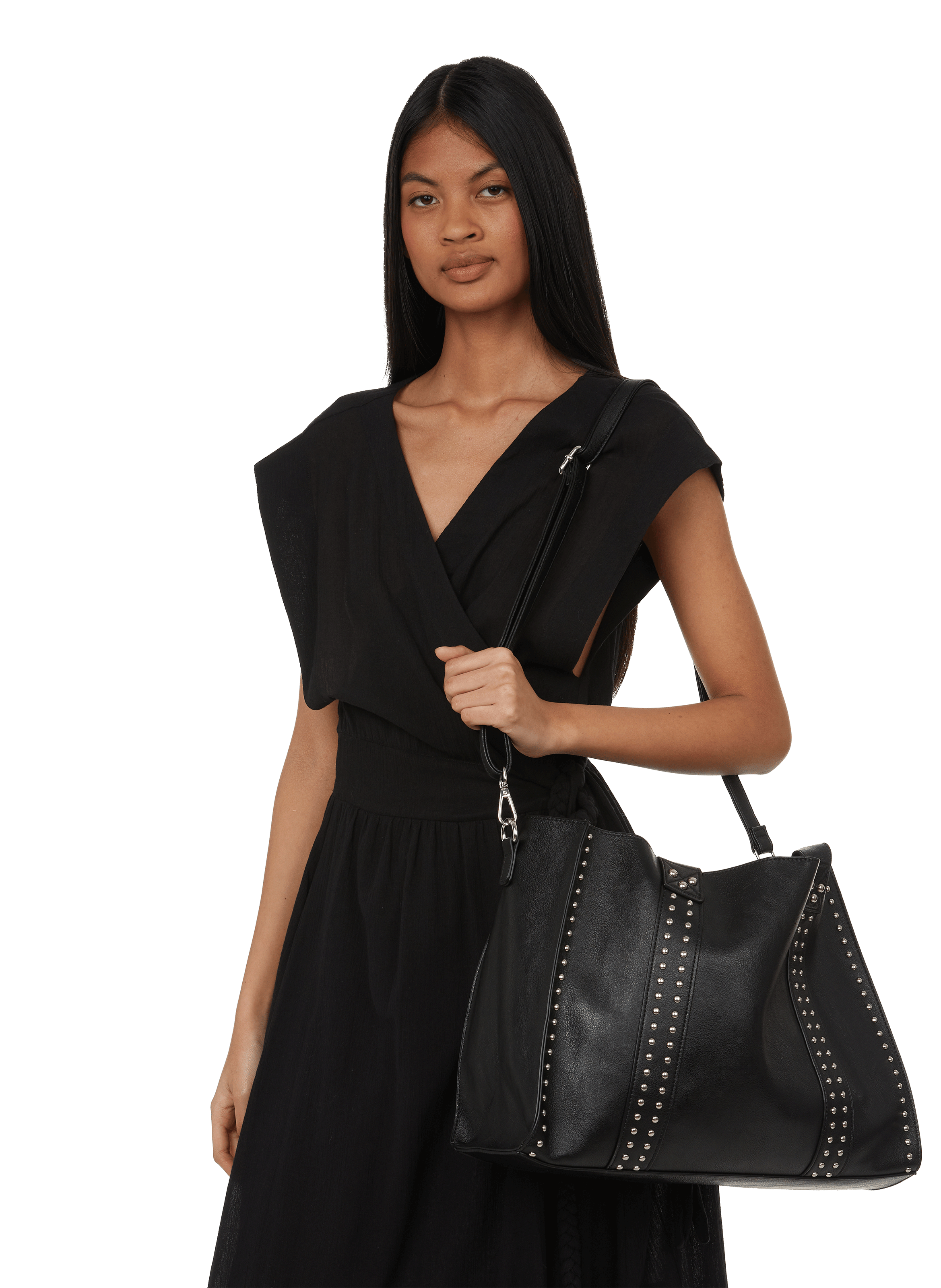 Shopping bag in black leather with studs AU PRINTEMPS PARIS Black