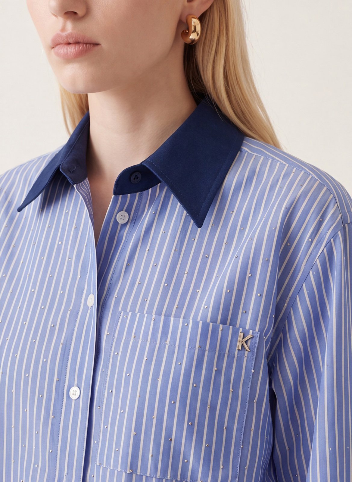 Chemise courte rayée à strass en coton mélangé KOOKAI Bleu