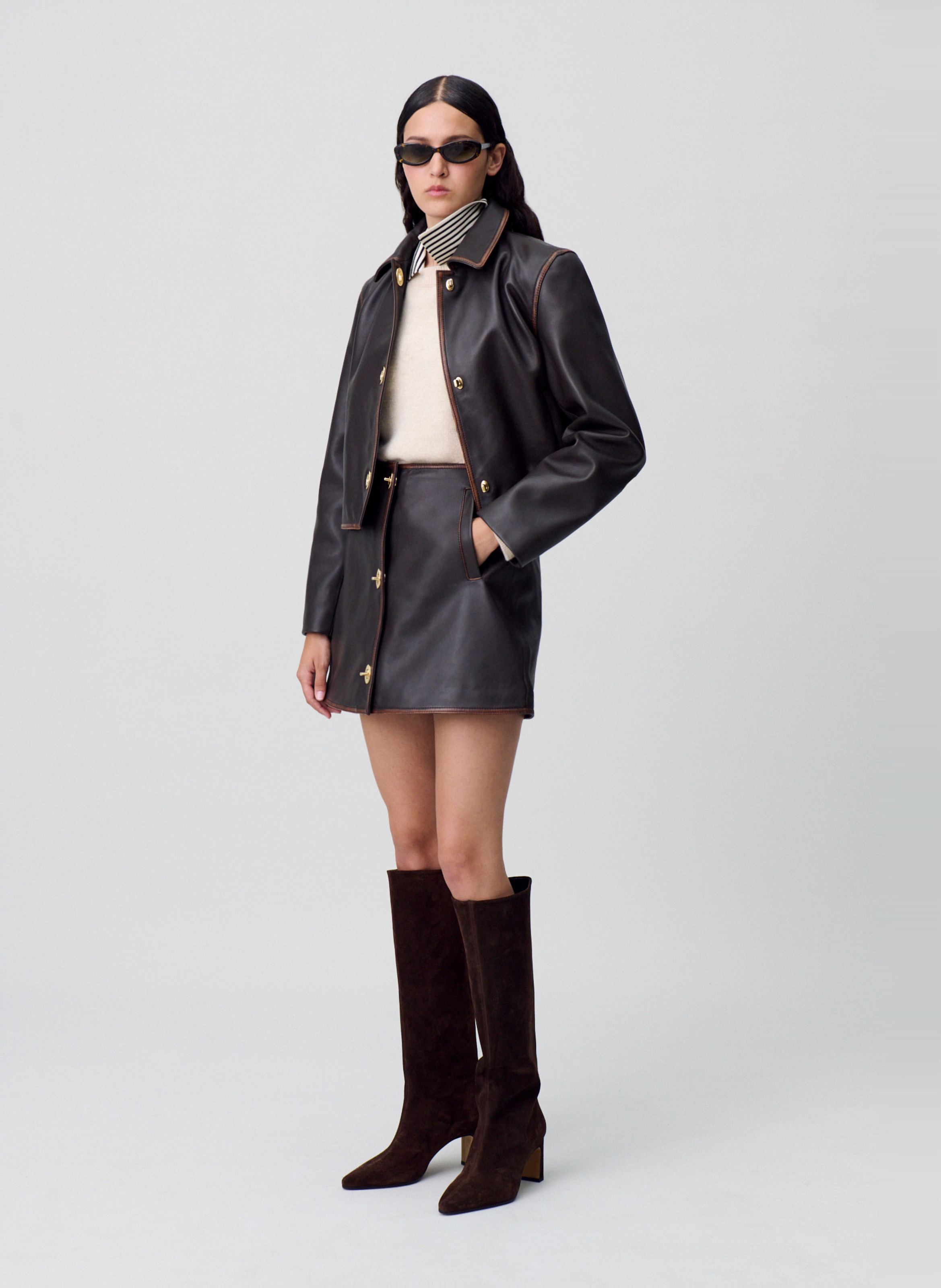 Jupe courte unie en cuir CLAUDIE PIERLOT Marron