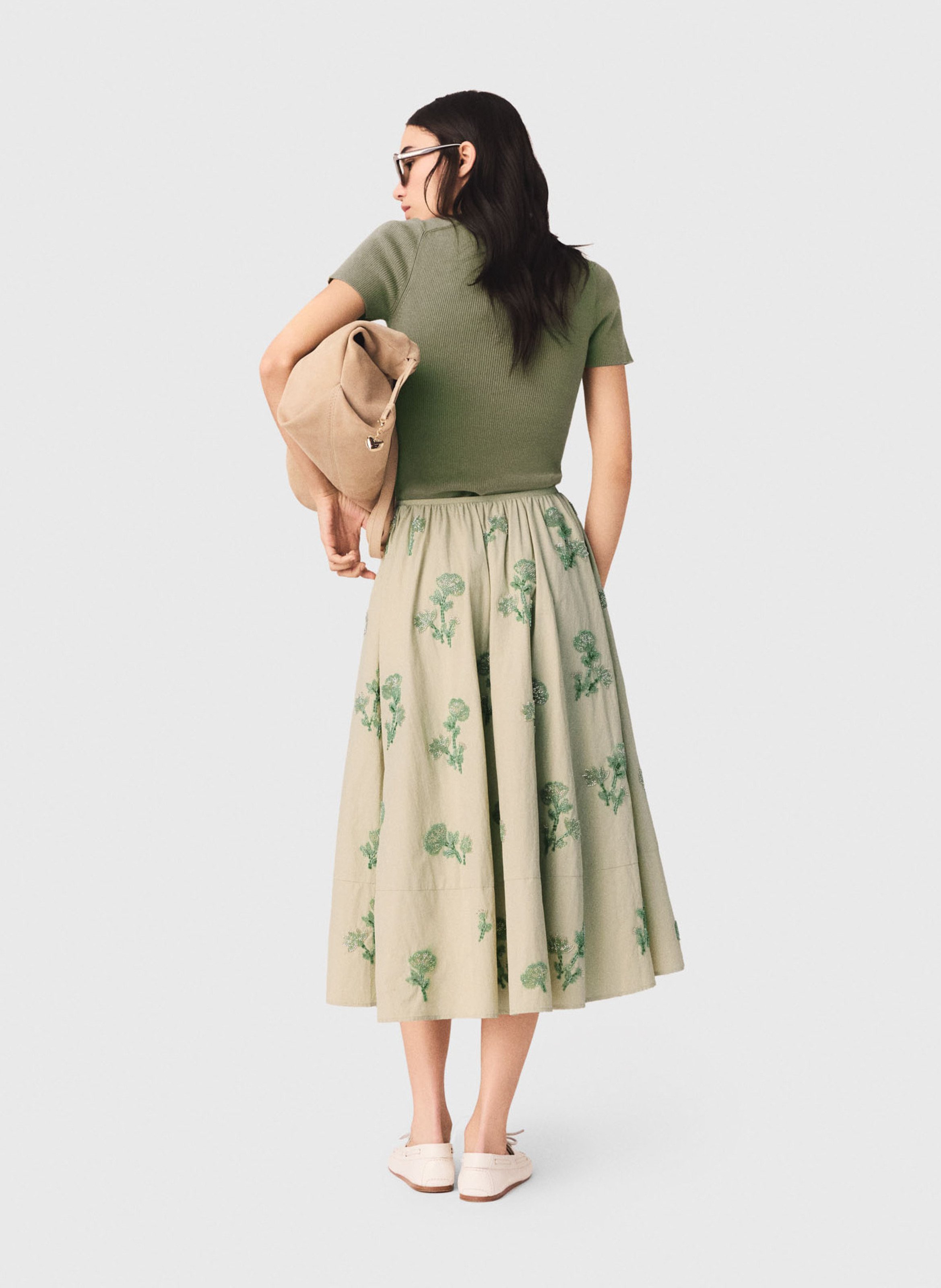 Jupe midi évasée brodée MAJE Beige