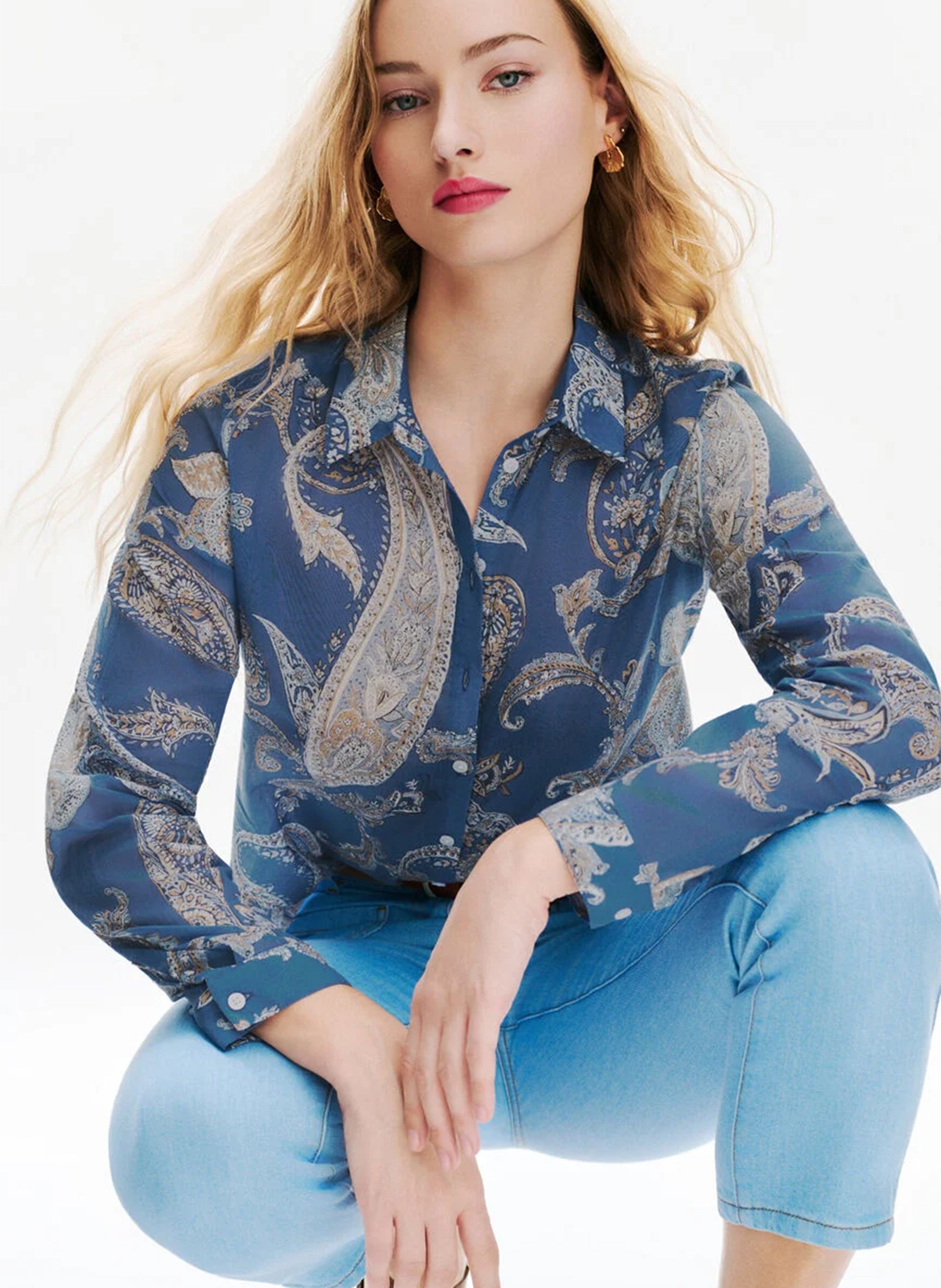 Chemise droite col classique en coton bio imprimé CAROLL Bleu