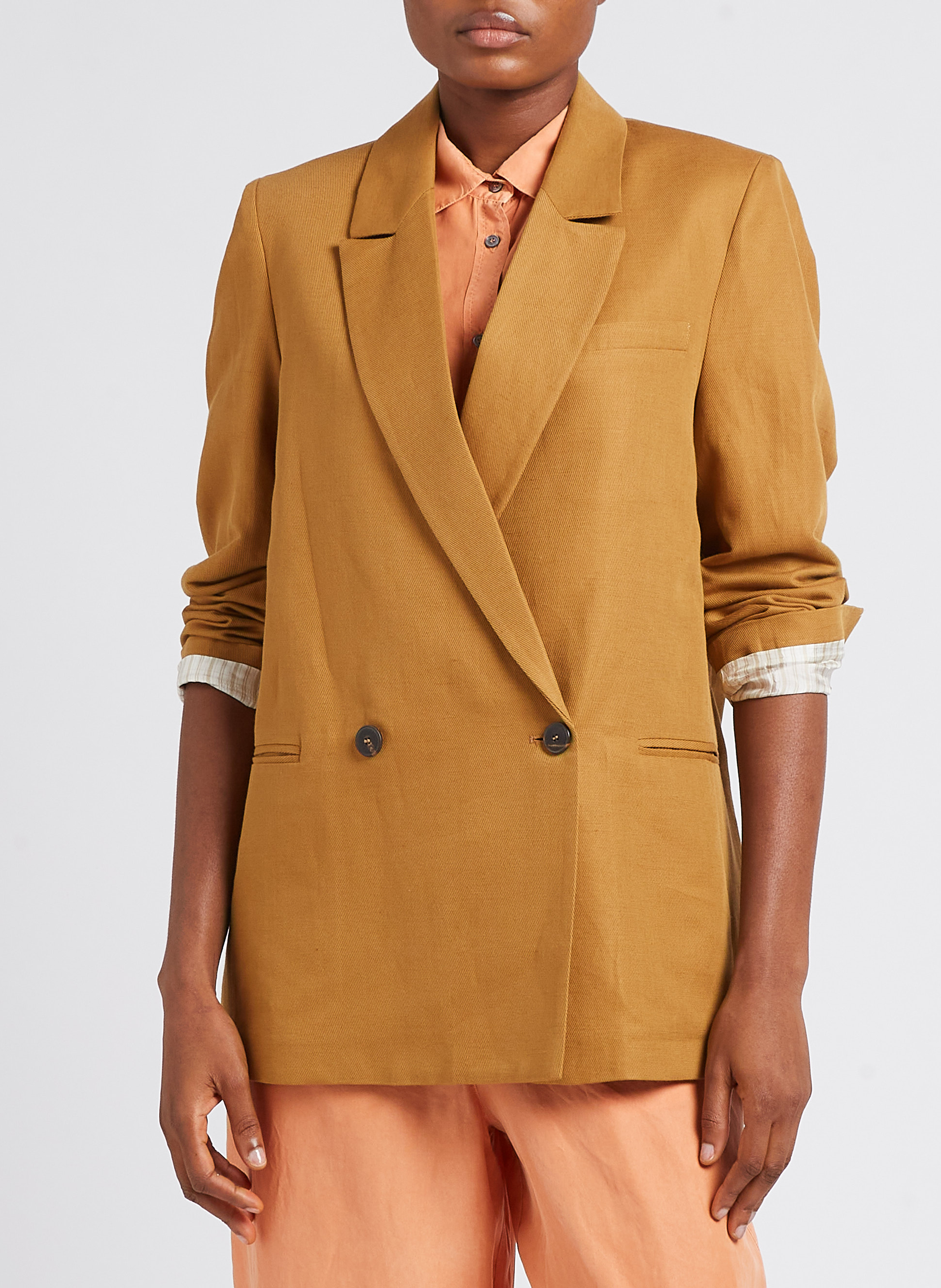 Veste droite col tailleur en coton et lin POMANDERE Marron