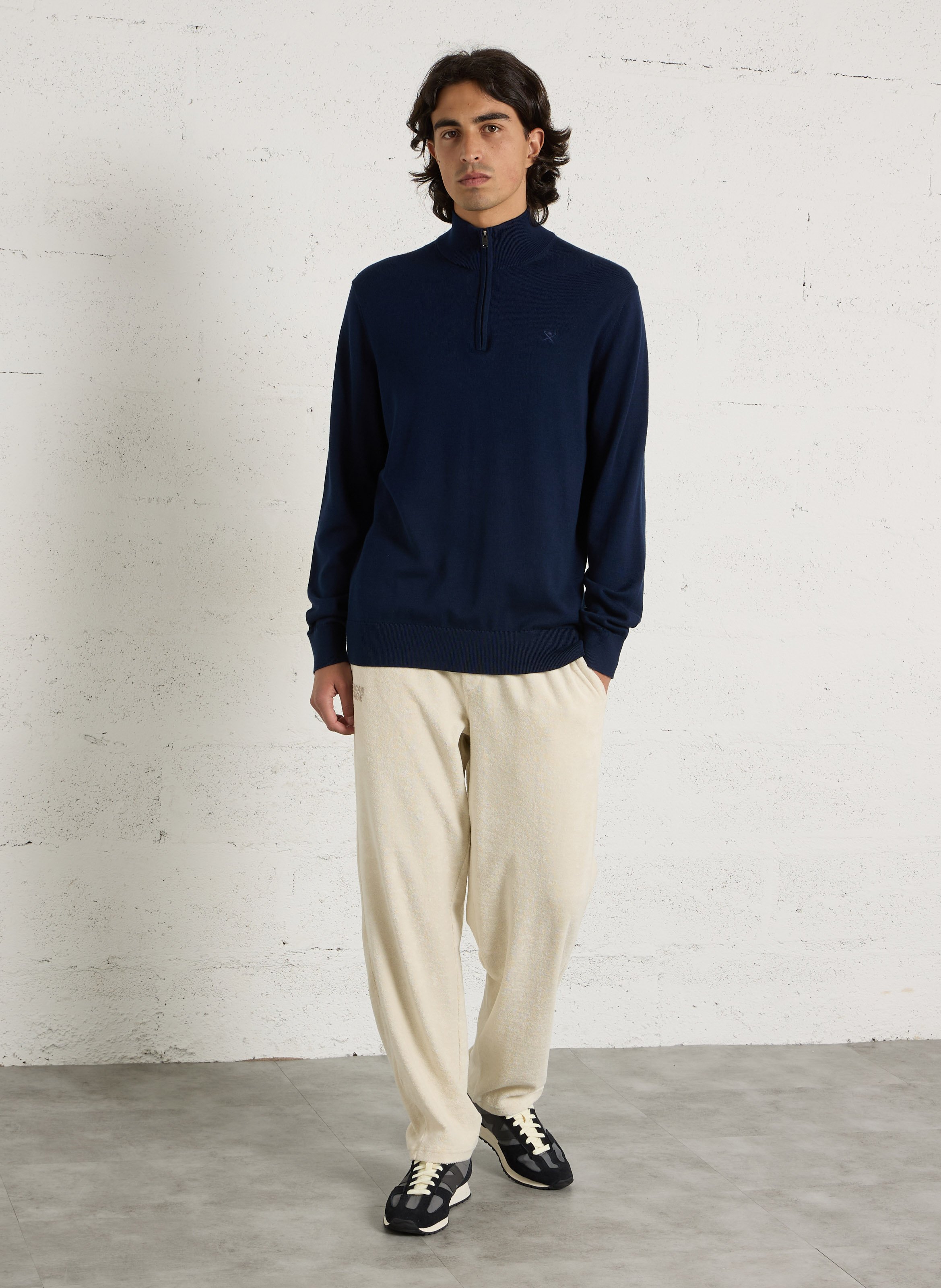 Pull col montant zippé uni en coton HACKETT Bleu