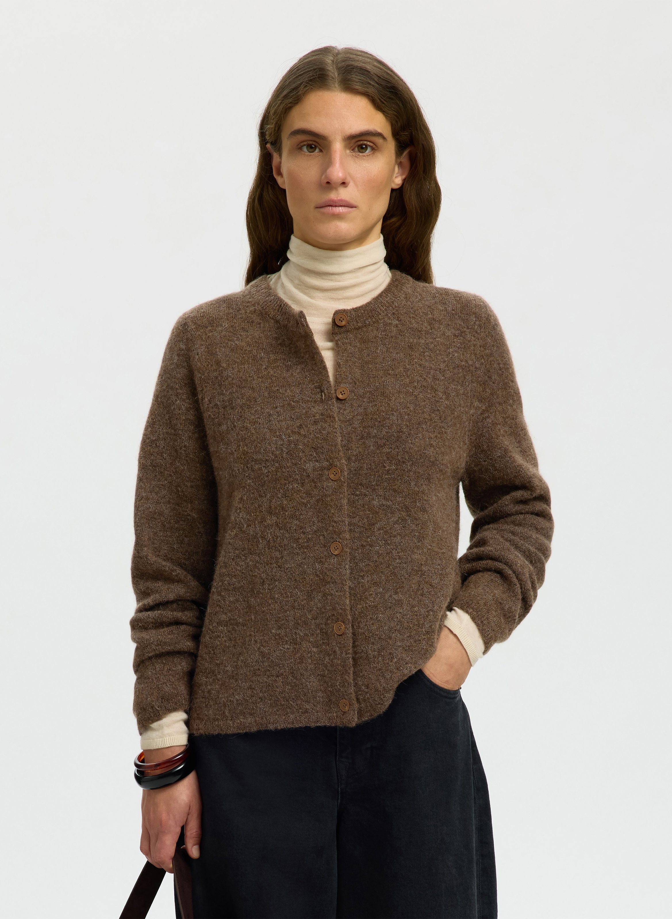 Round-neck mixed-knit cardigan SELECTED