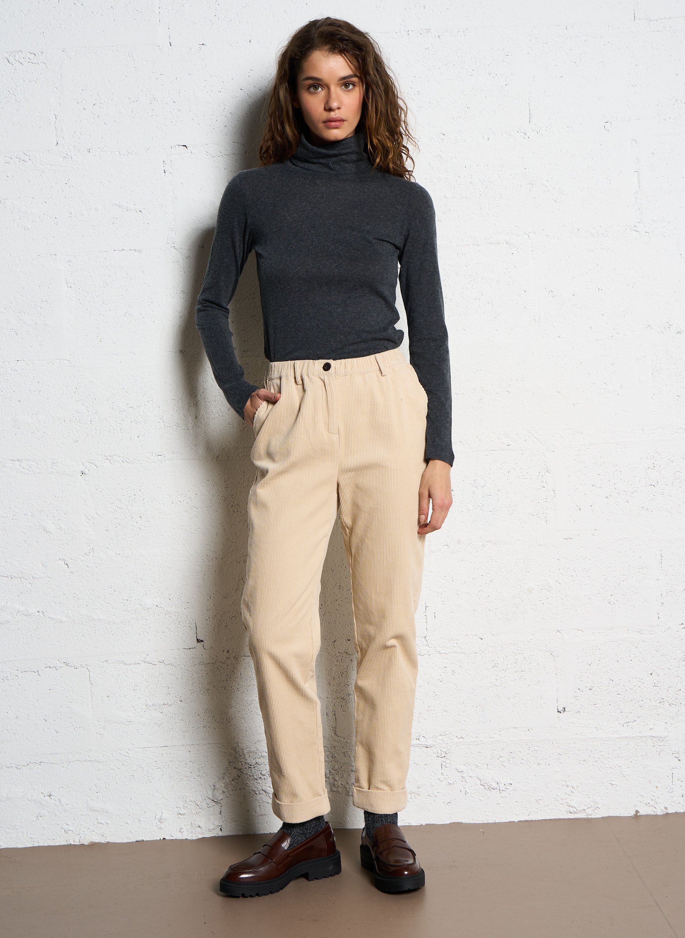 Tee-shirt col roulé en coton et cachemire MAJESTIC FILATURES Gris