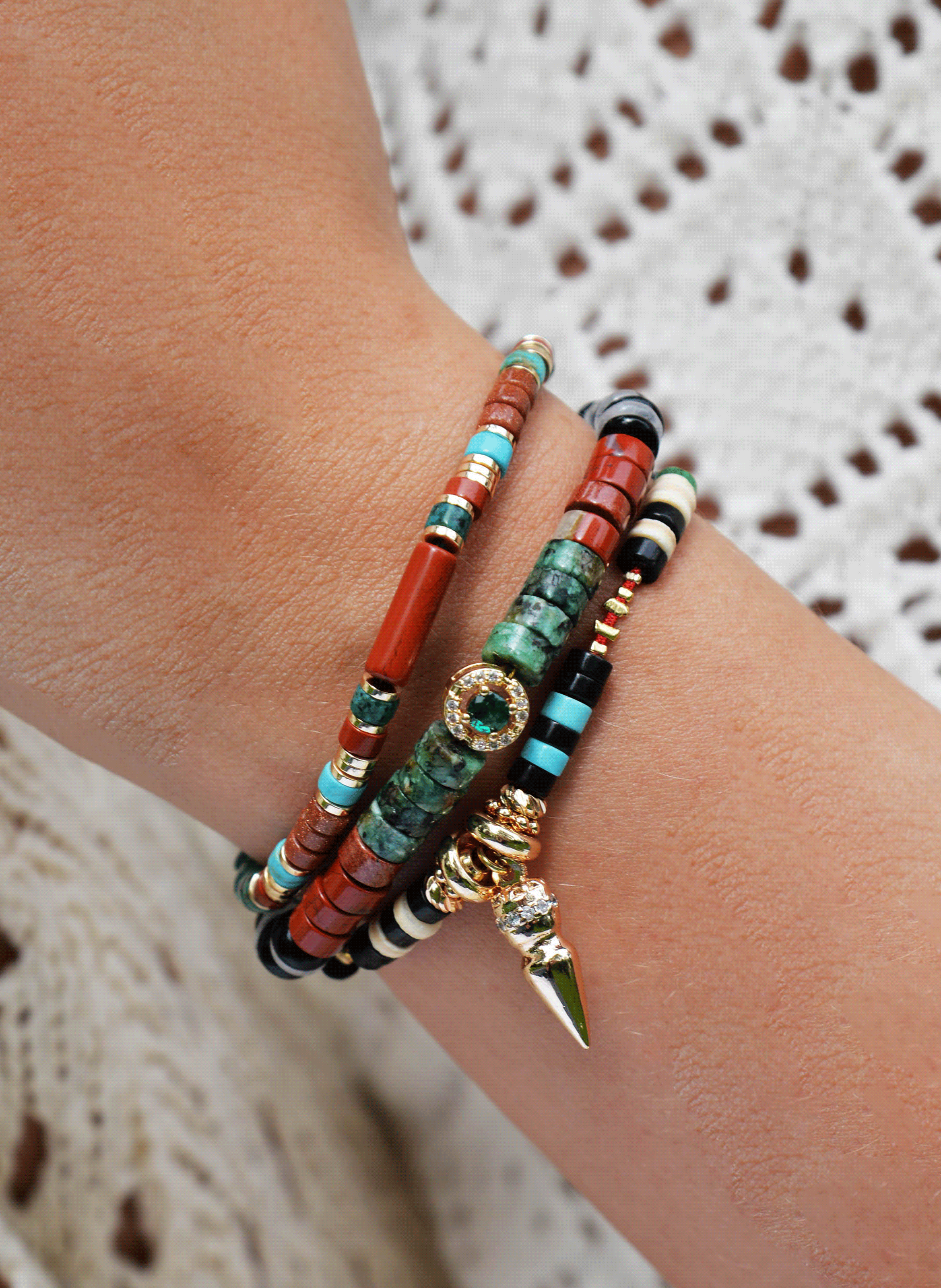 Adjustable bracelet with beads HIPANEMA Red