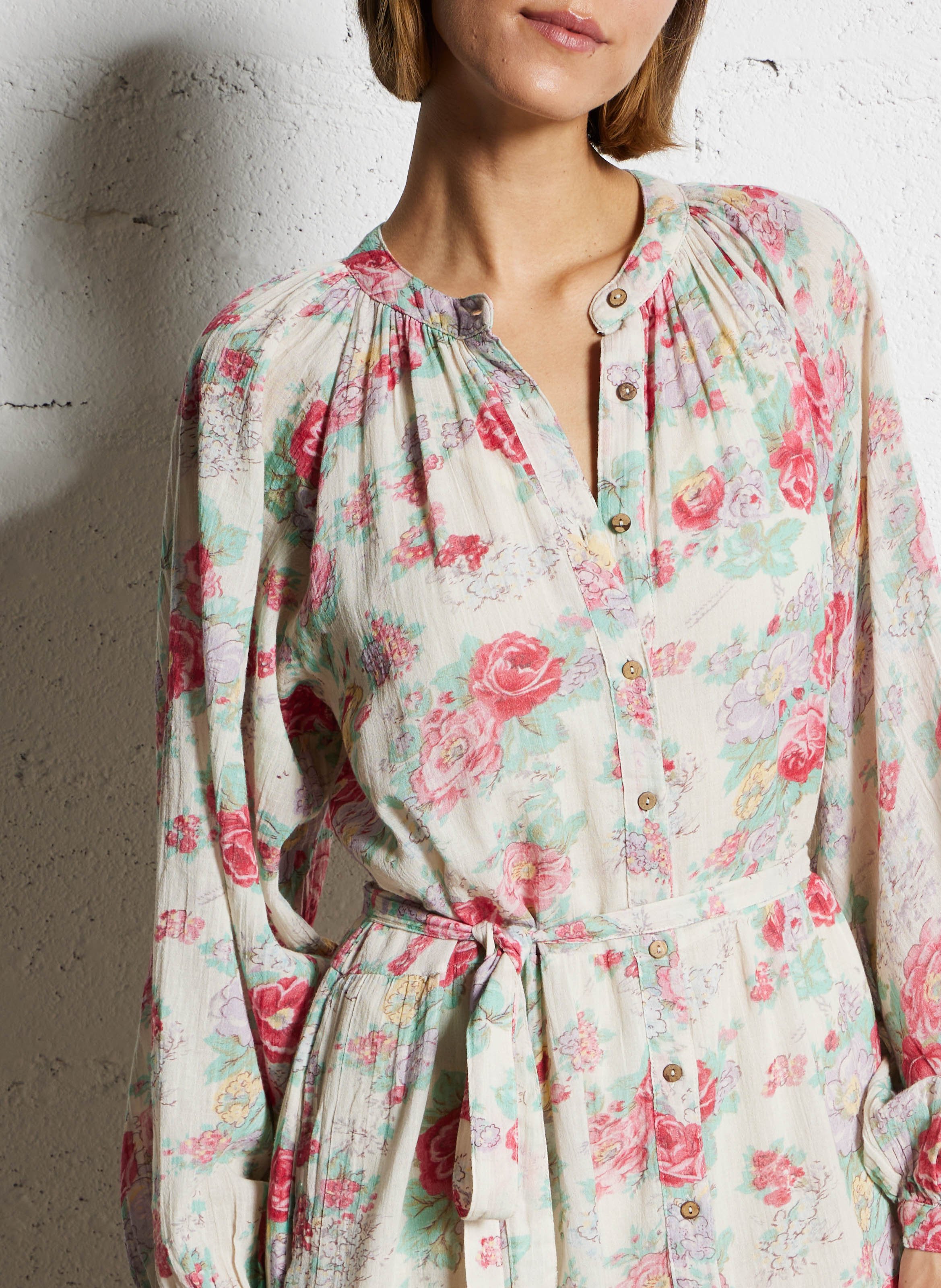 Robe longue col rond à imprimé floral Rose