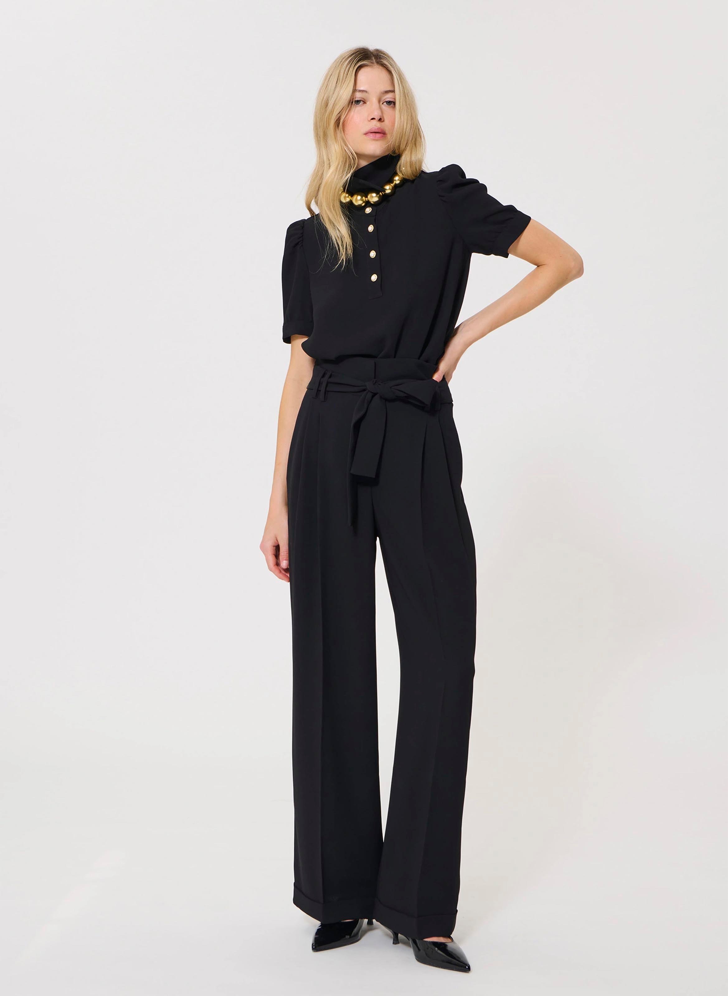 Hoge taille broek met ceintuur in effen kleur TARA JARMON Zwart