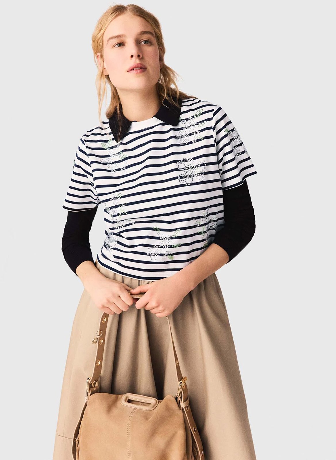 Tee-shirt rayé à strass court MAJE Blanc