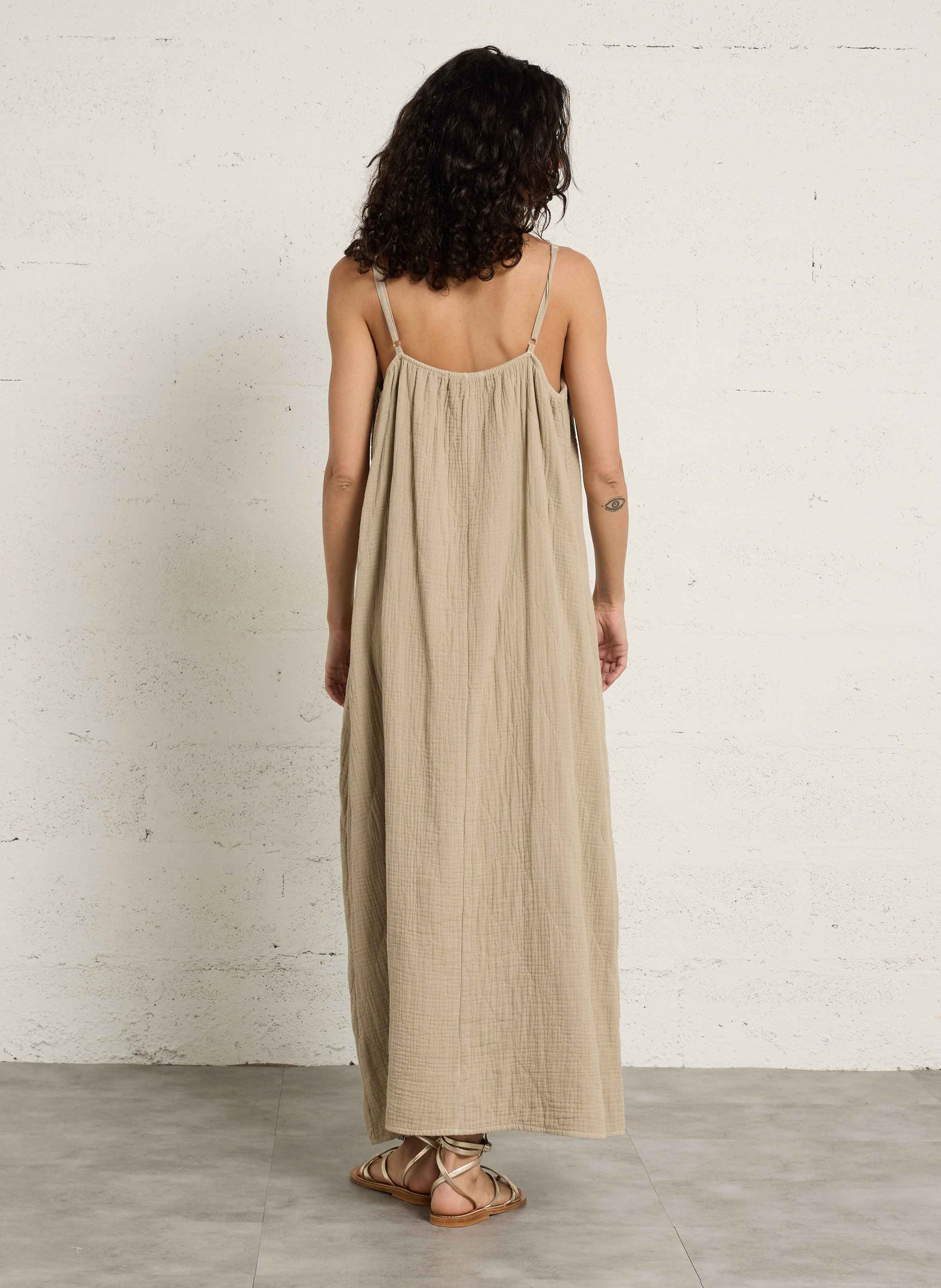 Long V-neck satin printed cashmere long dress AOKYANOS Beige